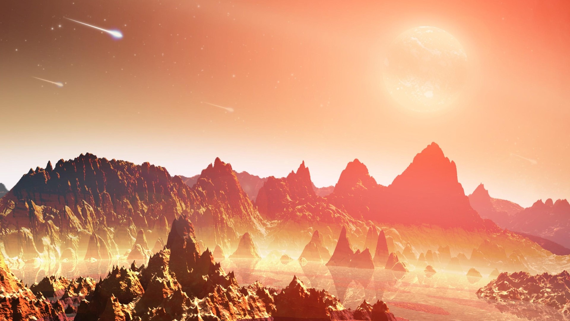 Alien Planet Landscape with Meteors and Large Planet HD Wallpaper