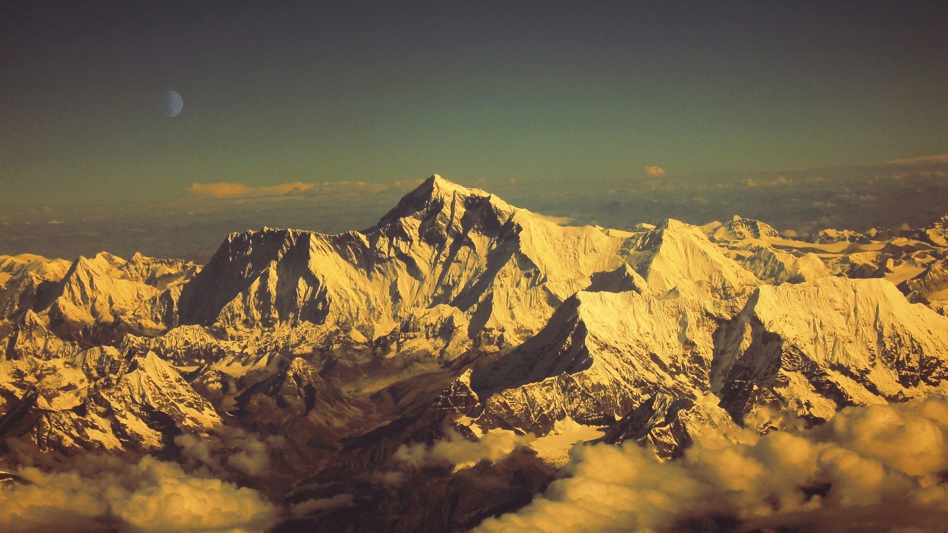 Moon over snow-capped mountains HD Wallpaper