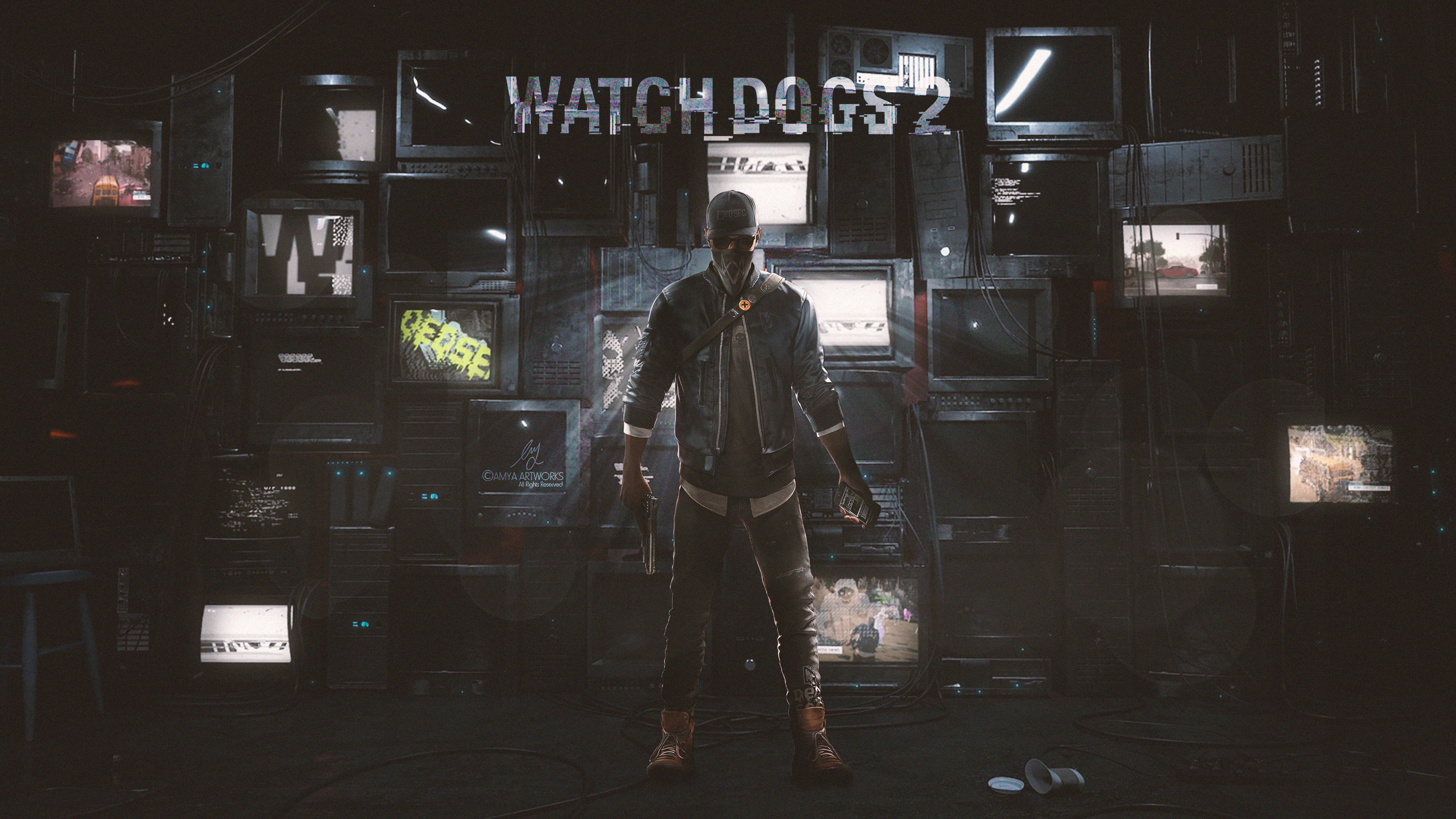 Marcus Holloway from Watch Dogs 2 in a room of monitors HD Wallpaper