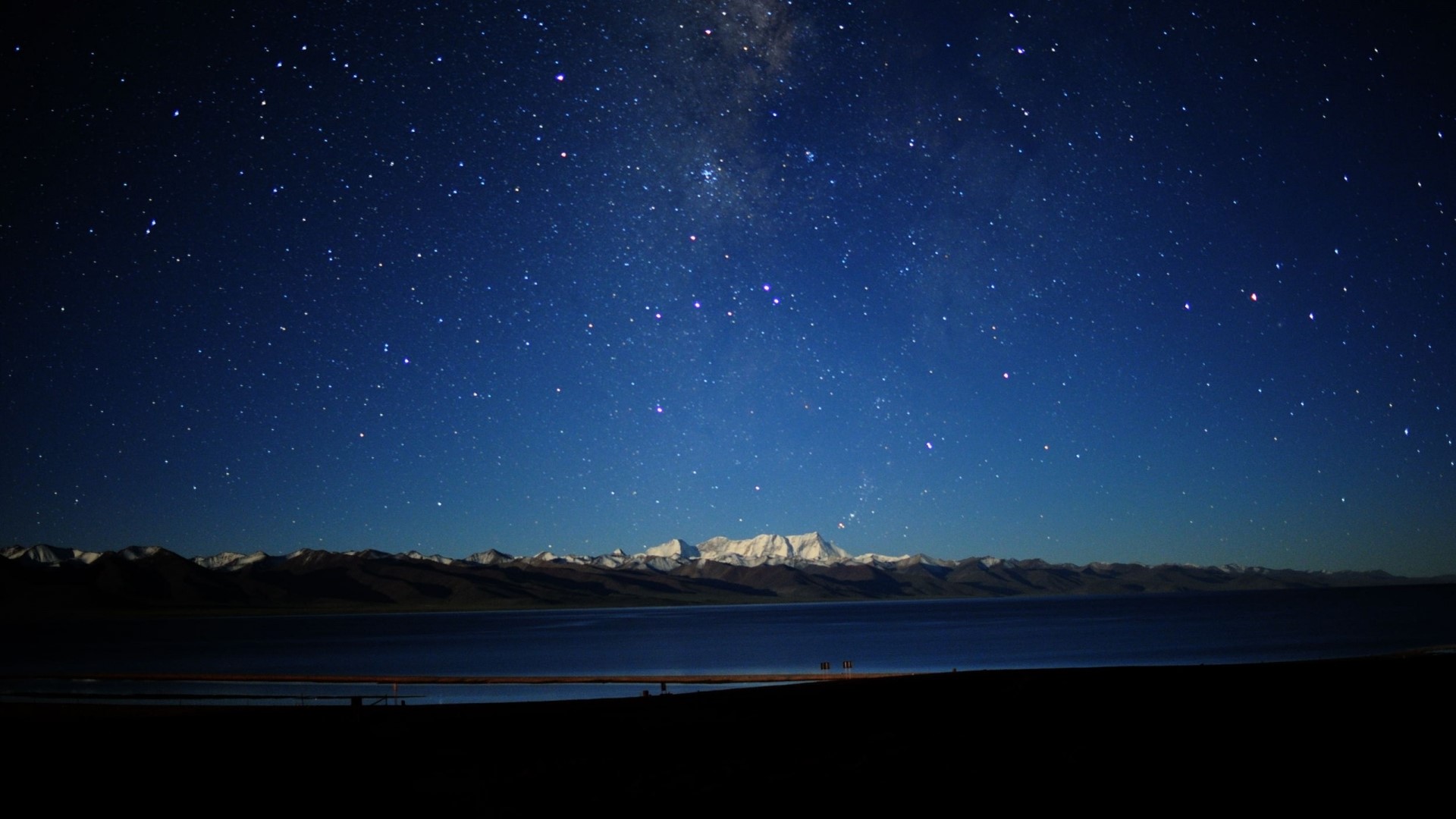 Starry Night Sky Over Mountains and Lake HD Wallpaper
