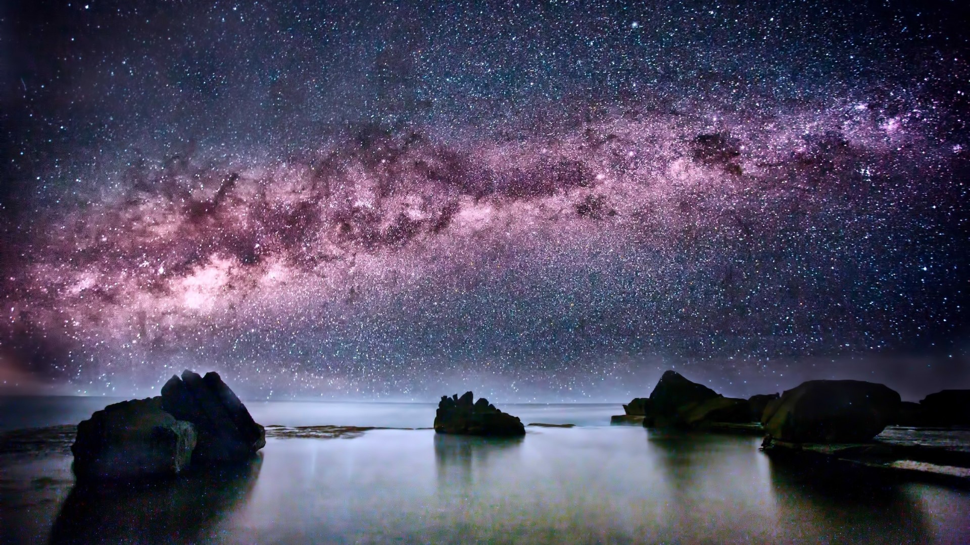 Milky Way Galaxy Over Rocky Shoreline HD Wallpaper