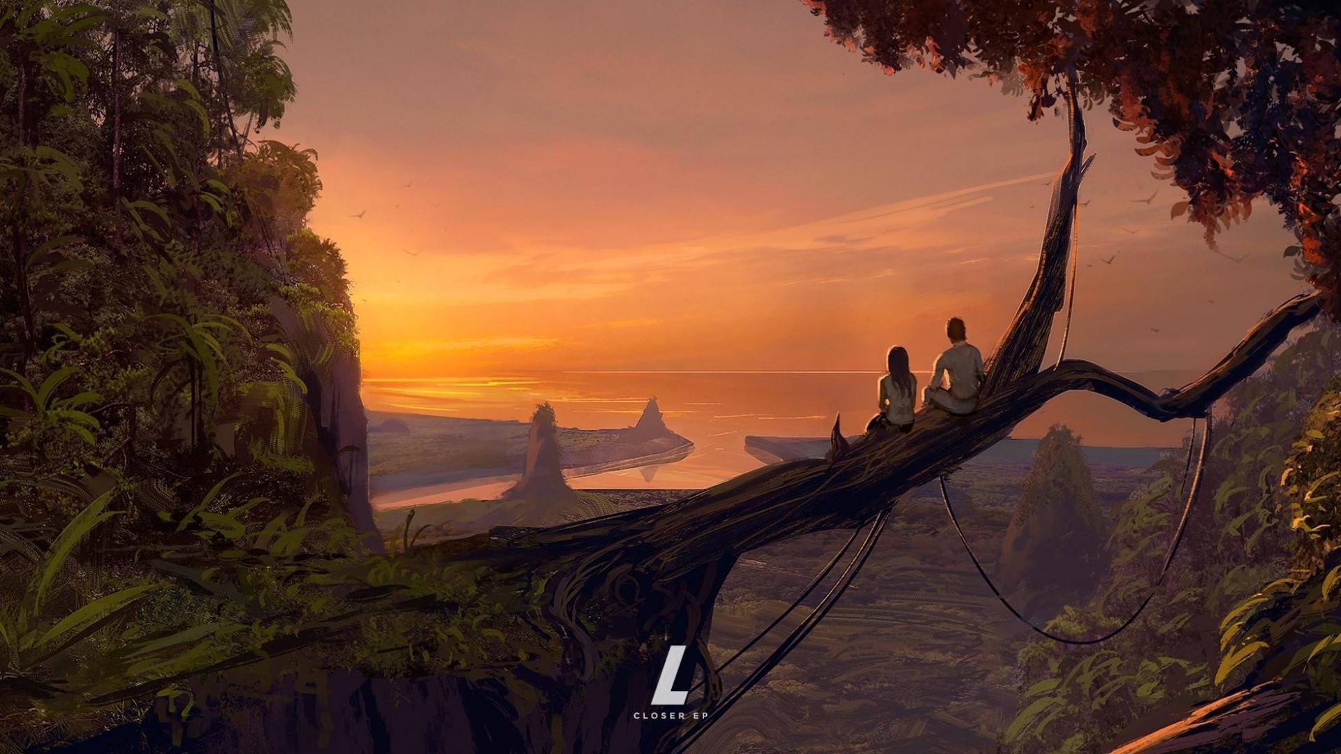 Couple watching sunset over ocean from tree branch HD Wallpaper