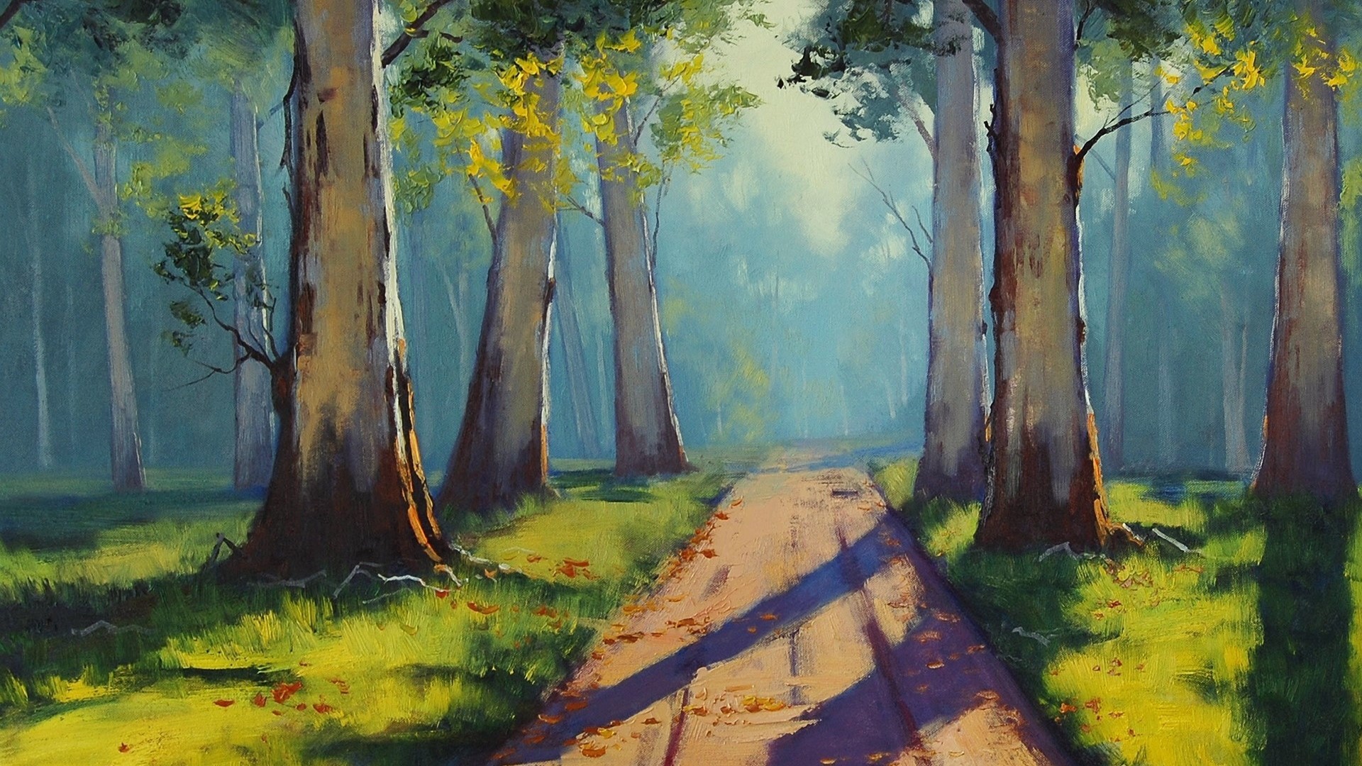 Painting of a forest road with tall trees HD Wallpaper
