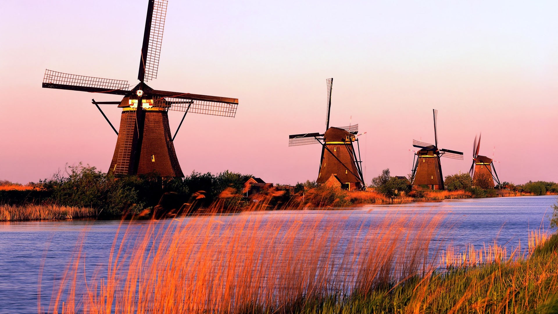 European Windmills at Sunset HD Wallpaper