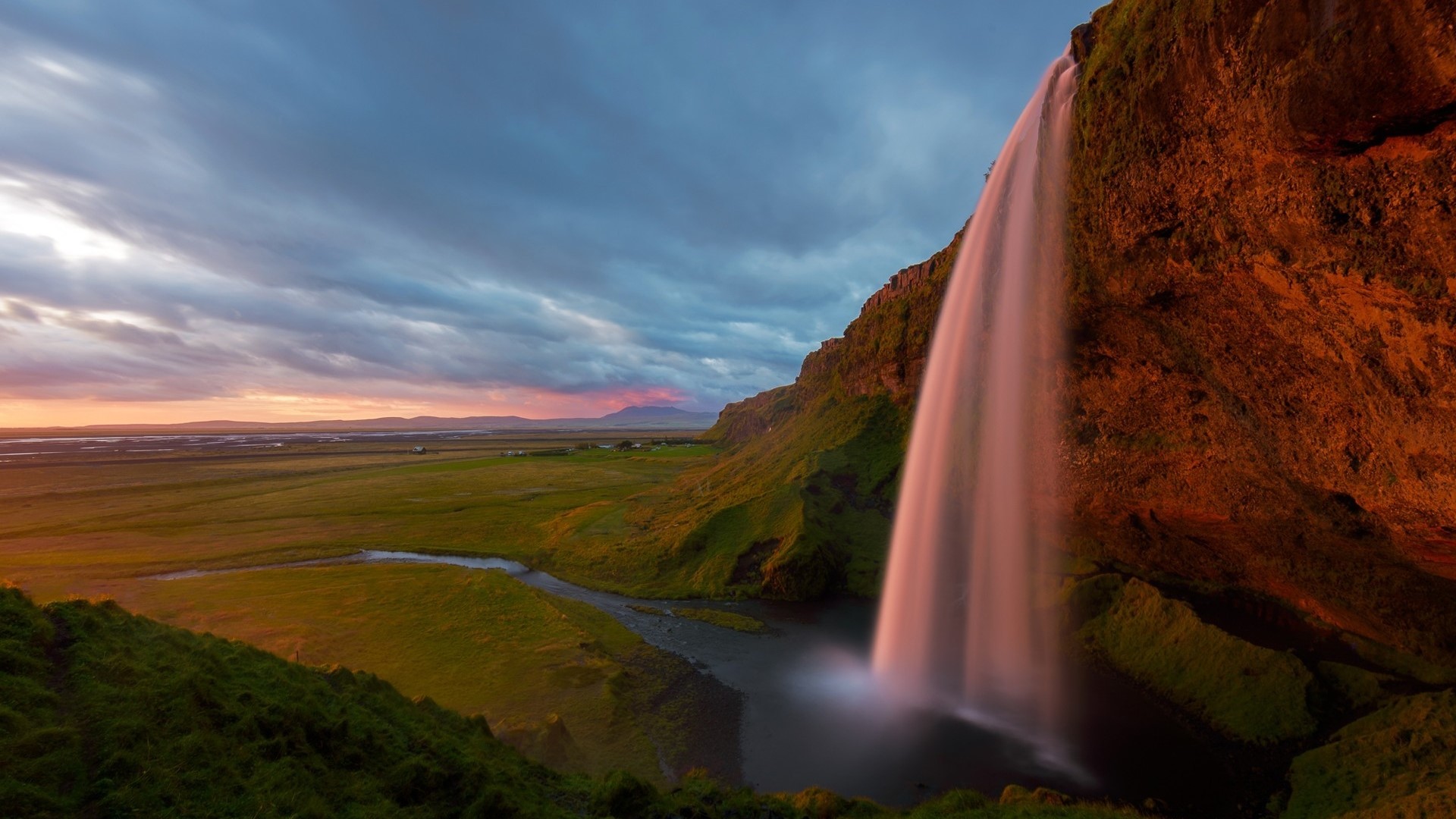 Long Exposure Waterfall Landscape at Sunset HD Wallpaper