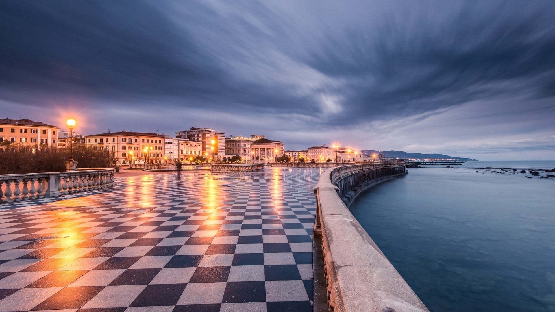 Terrazza Mascagni checkerboard promenade in Livorno, Italy HD Wallpaper