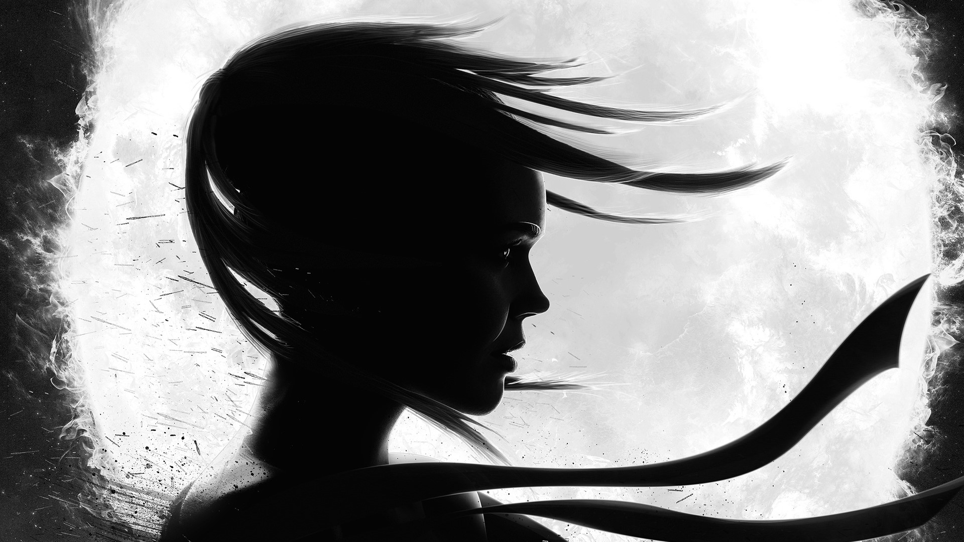Silhouette of a woman with flowing hair against a bright background HD Wallpaper
