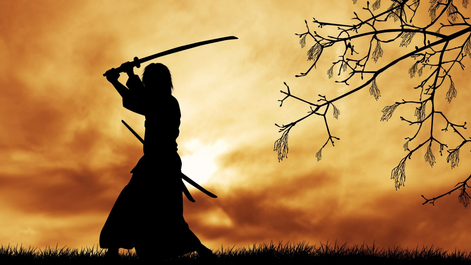 Samurai warrior with katana at sunset HD Wallpaper