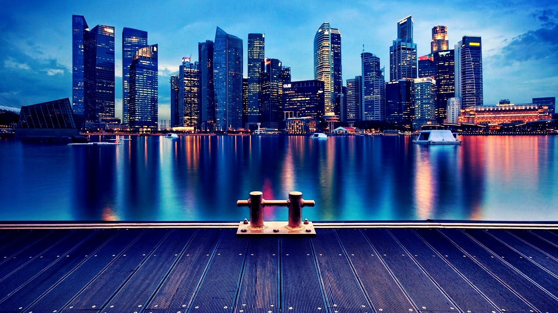 Skyscrapers across the water at dusk HD Wallpaper