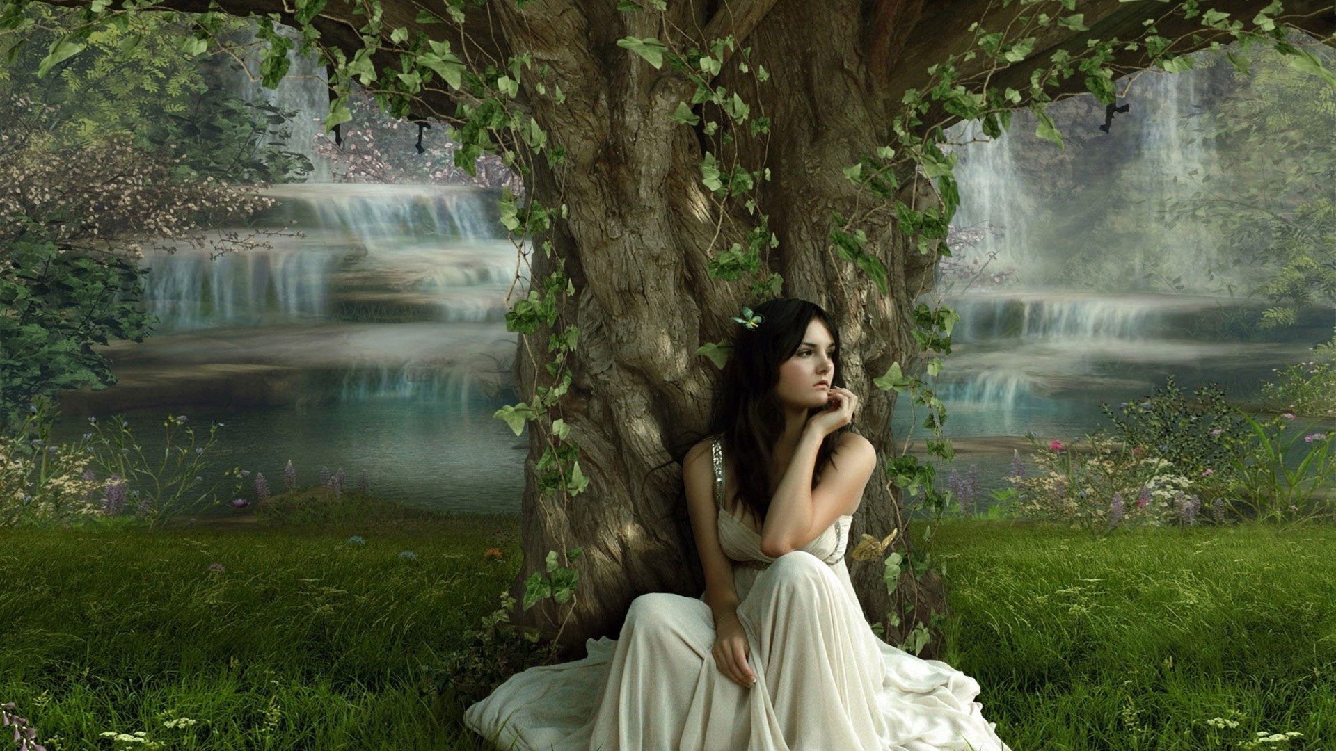 Girl in a white dress under a tree with waterfalls HD Wallpaper