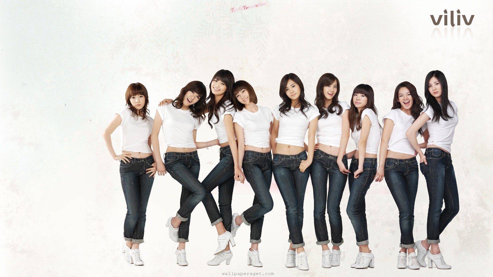 Girls' Generation (SNSD) posing in white tops and jeans HD Wallpaper