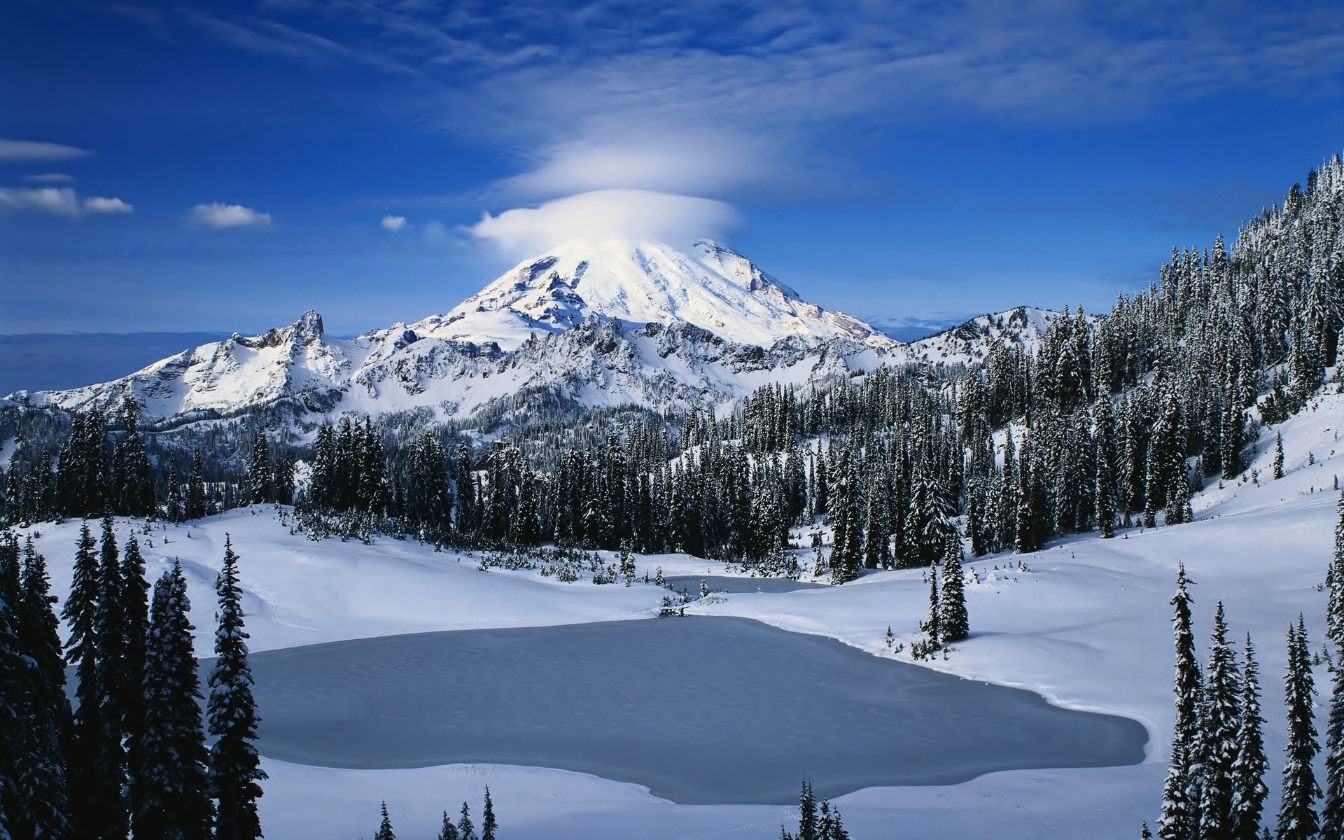 Snowy Mountain Landscape with Frozen Lake and Pine Forest HD Wallpaper