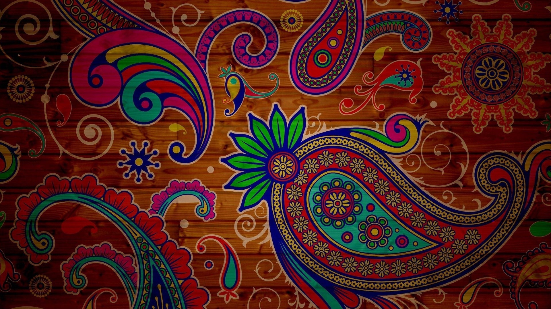 Colorful Paisley Patterns on Wood Texture HD Wallpaper
