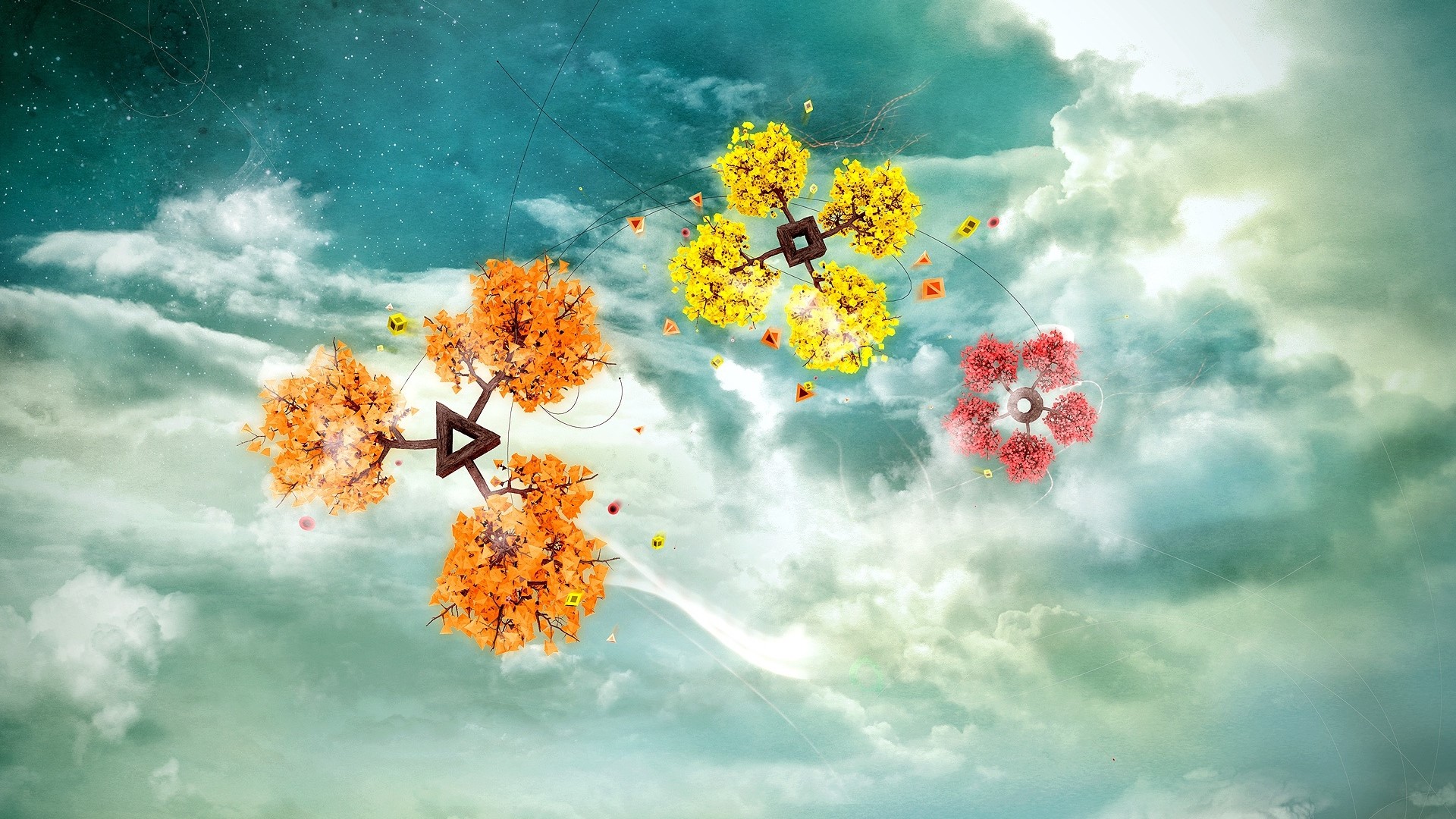 Surreal trees with geometric structures in the sky HD Wallpaper