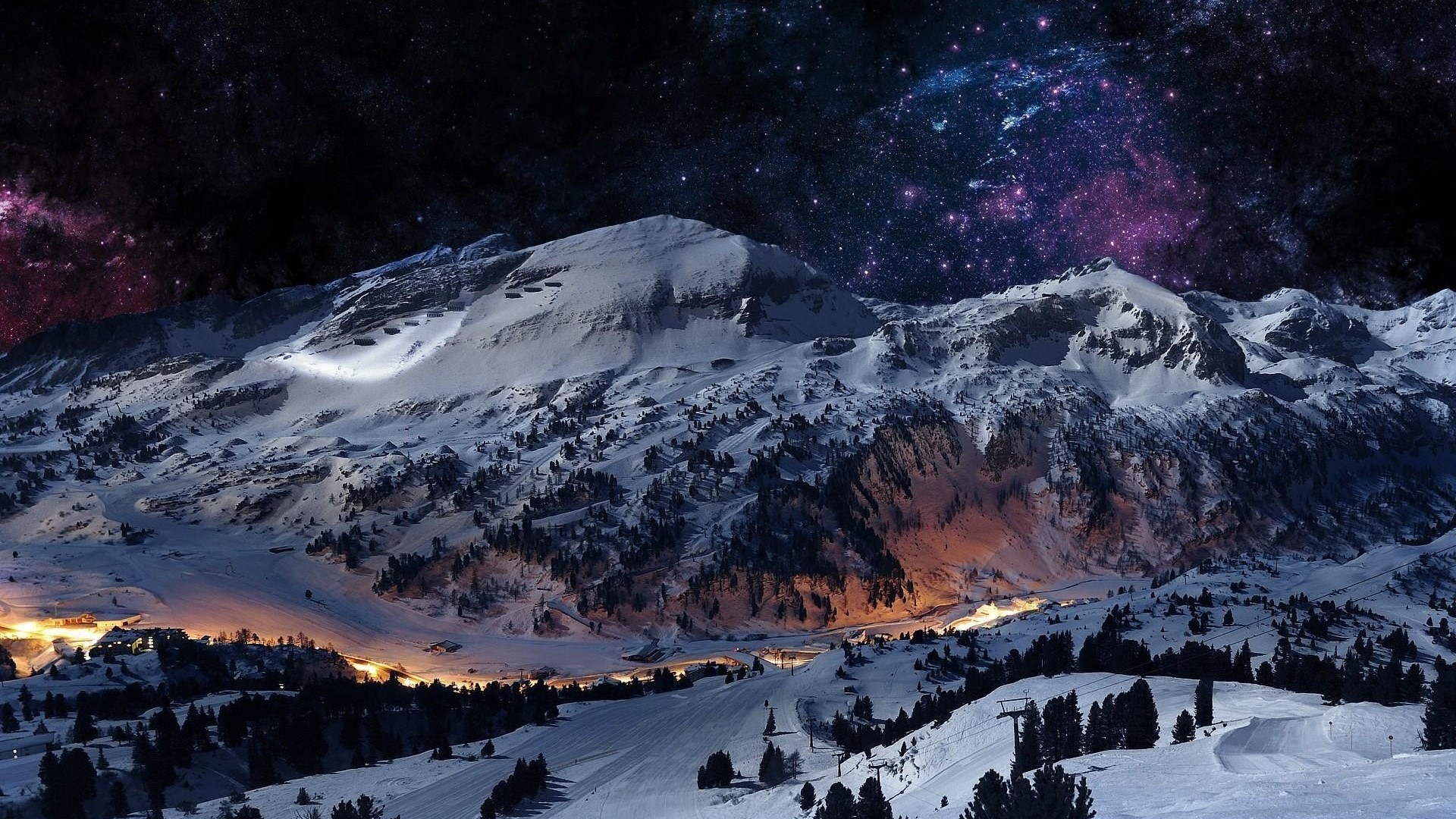 Snowy Mountains Under a Starry Sky HD Wallpaper