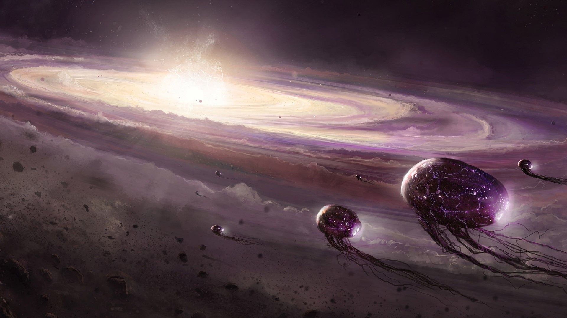 Alien jellyfish creatures in a cosmic nebula HD Wallpaper