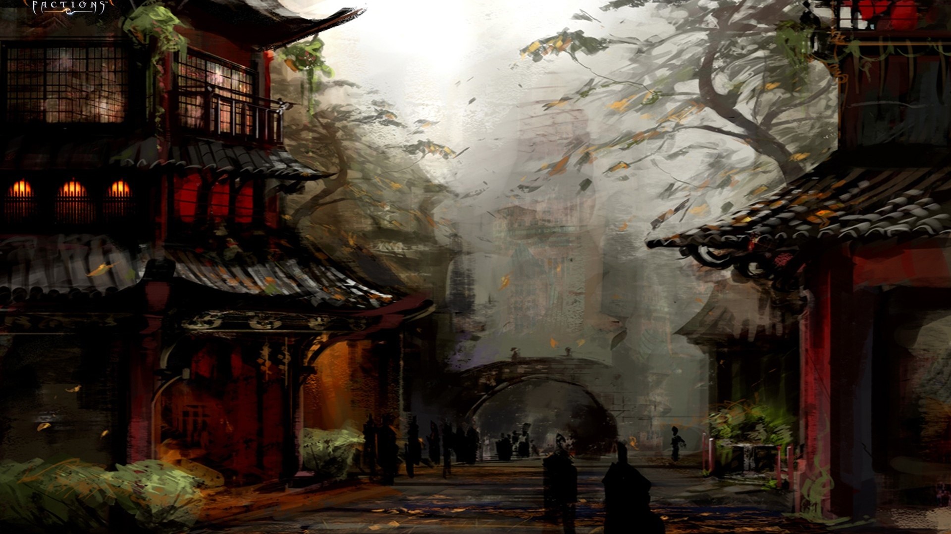 Oriental village with traditional architecture and trees HD Wallpaper