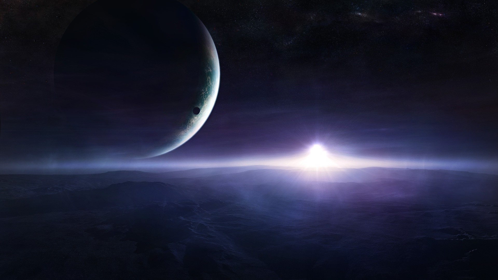 Planet and Sunrise over Misty Landscape in Space HD Wallpaper