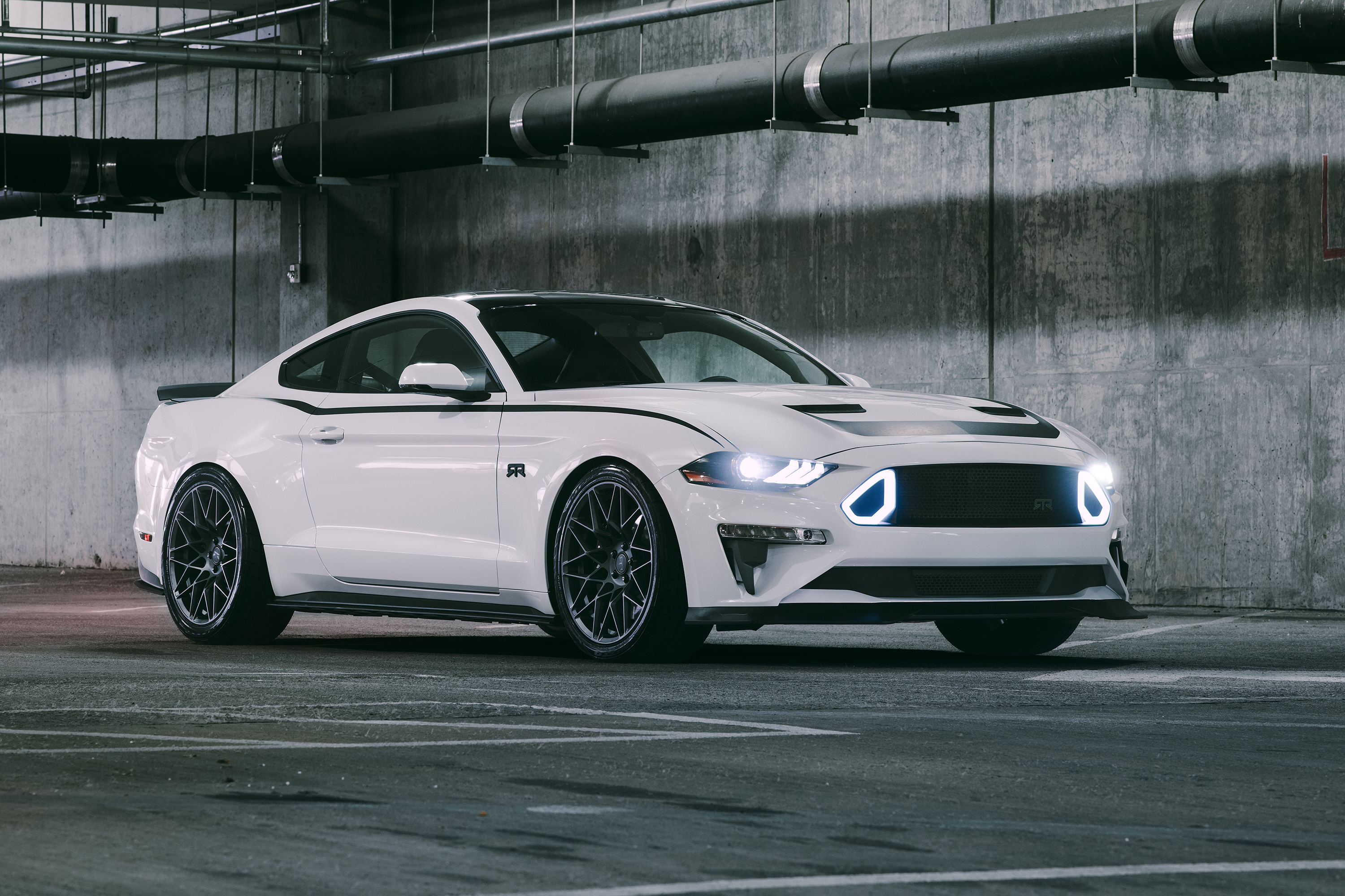 White 2018 Ford Mustang RTR in parking garage HD Wallpaper