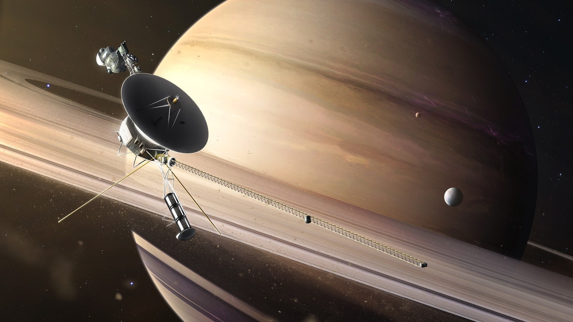 Spacecraft exploring Saturn and its rings HD Wallpaper