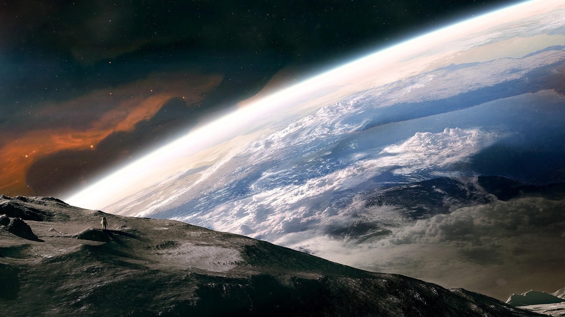 Astronaut on Moon overlooking Earth HD Wallpaper