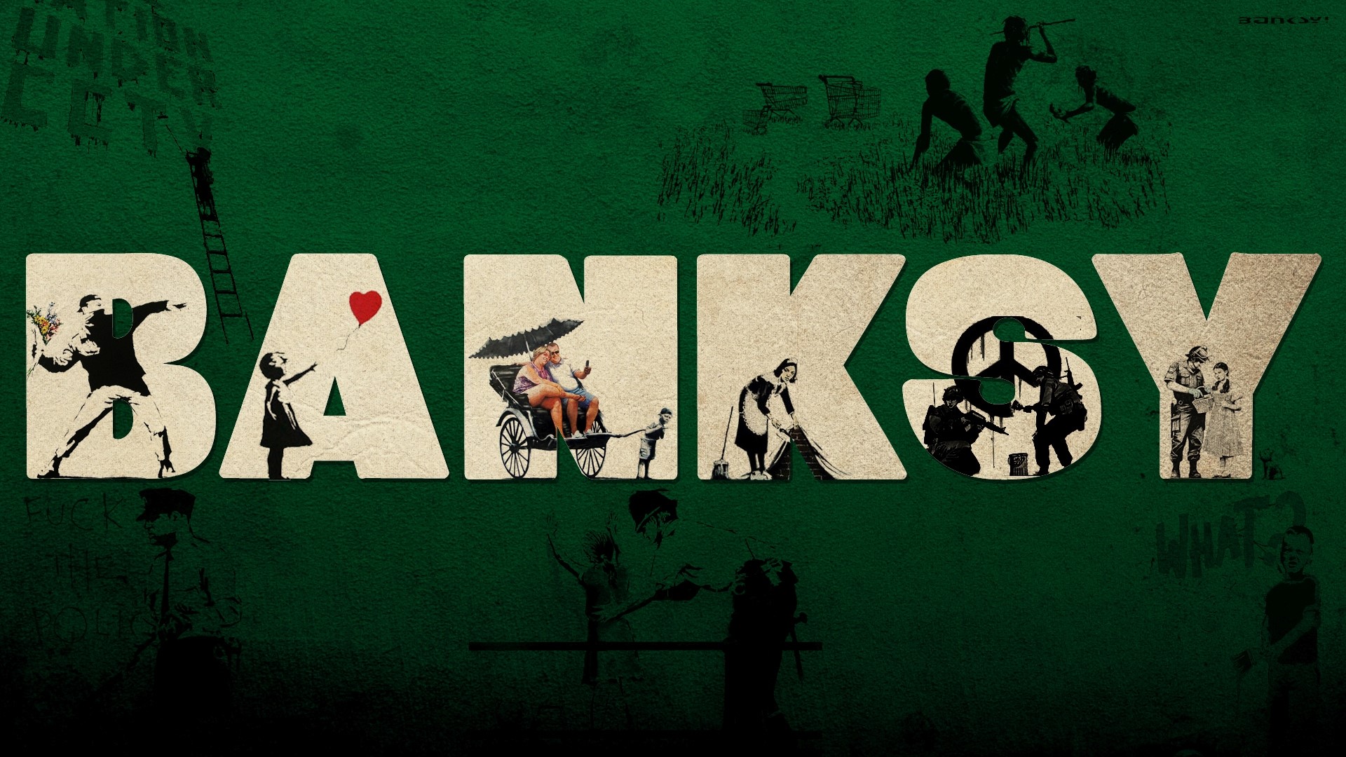 Banksy art with stenciled letters and figures HD Wallpaper