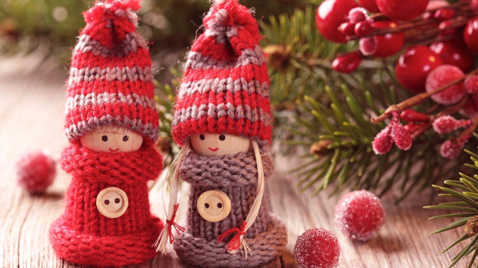 Christmas Gnomes with Pine Branches and Berries HD Wallpaper