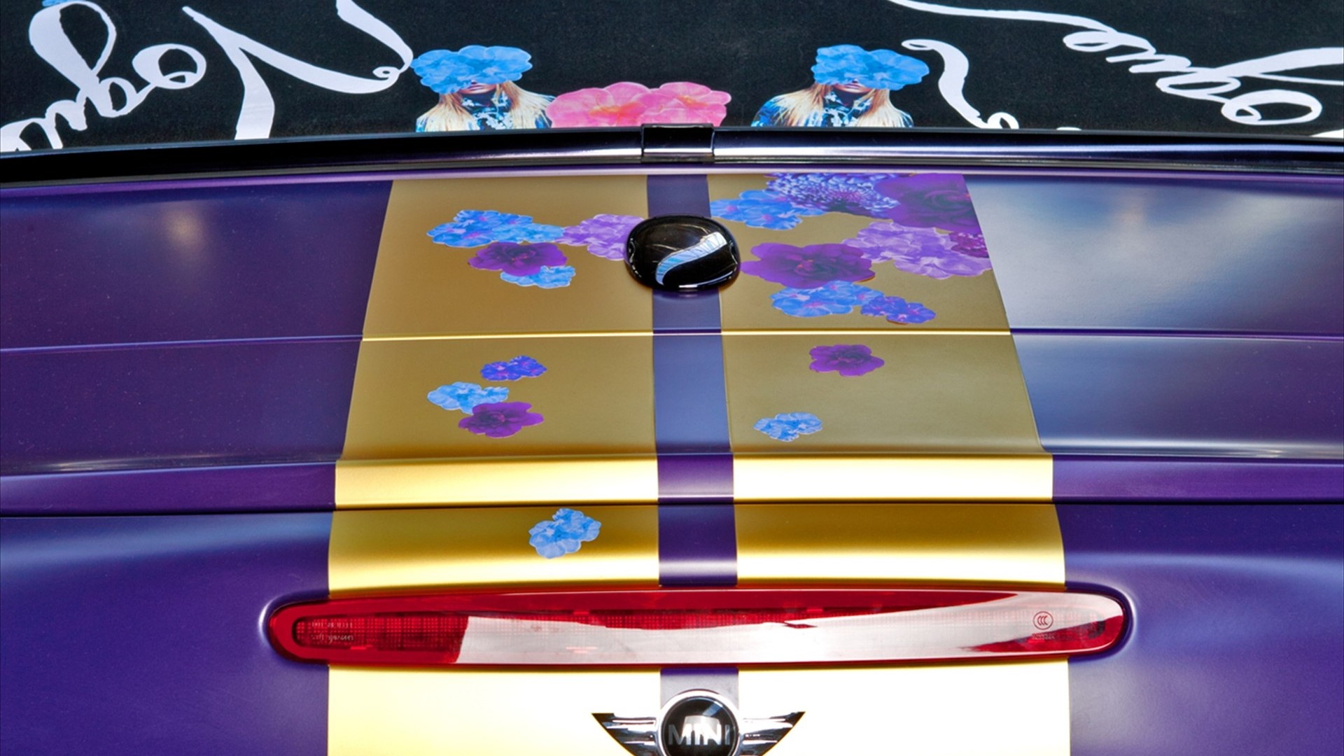 Mini Cooper with floral design and gold stripes HD Wallpaper