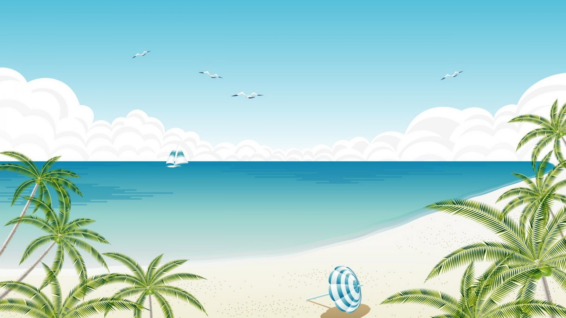 Beach scene with palm trees and sailboat HD Wallpaper