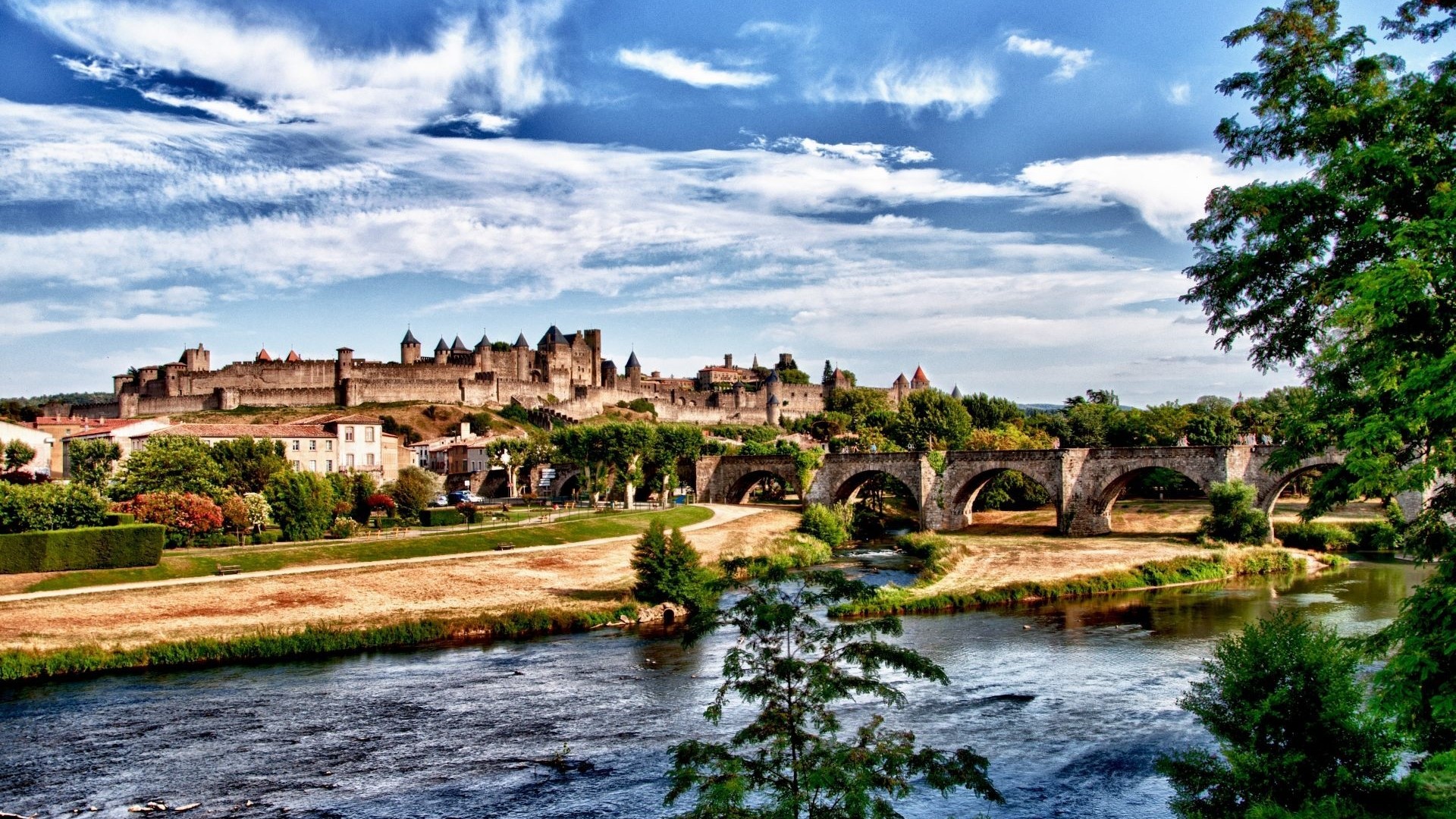 Carcassonne, France with a river and bridge HD Wallpaper