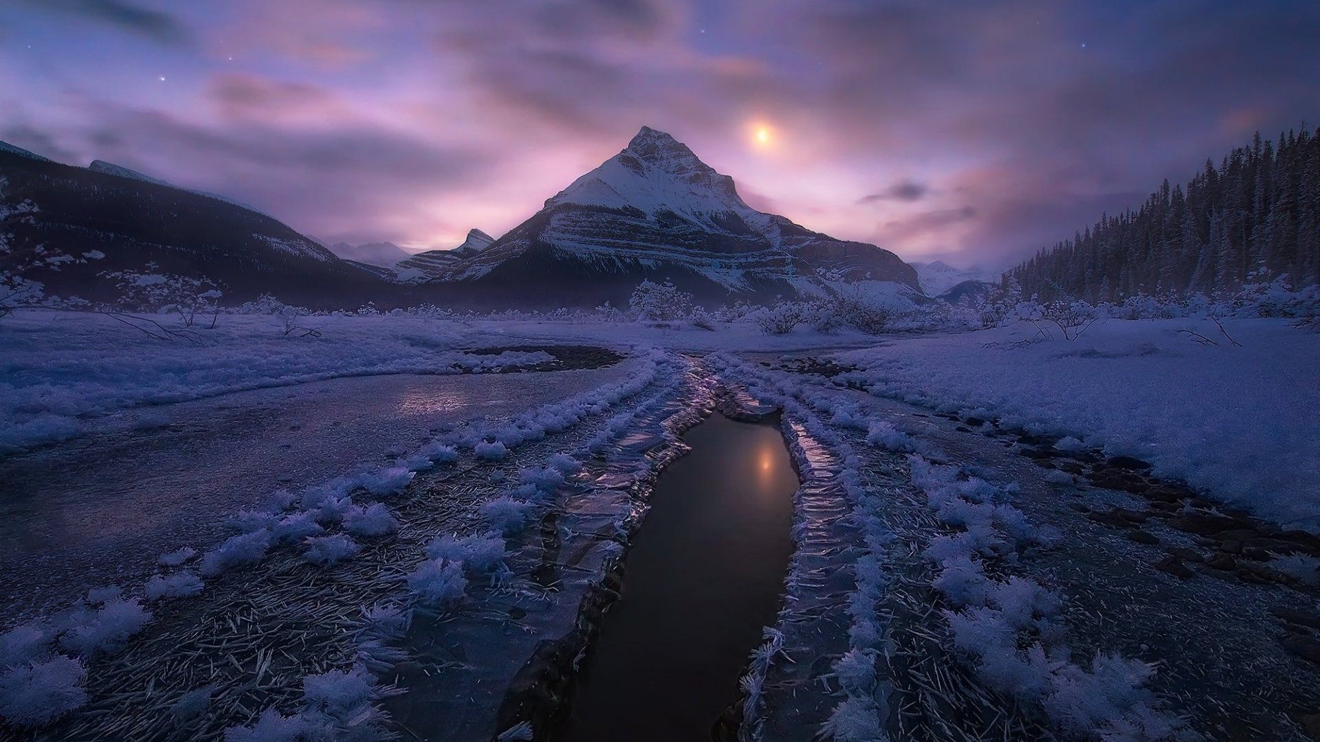 Snowy mountain landscape in Jasper National Park at dusk HD Wallpaper