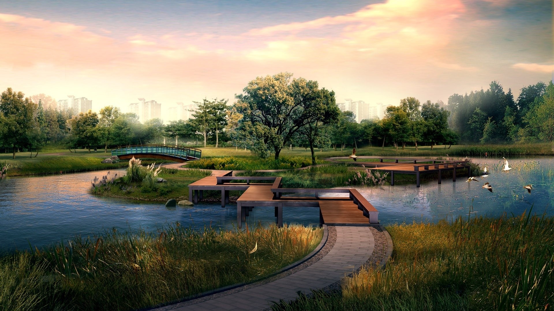 Digital Japanese Garden with Lake and Boardwalks HD Wallpaper