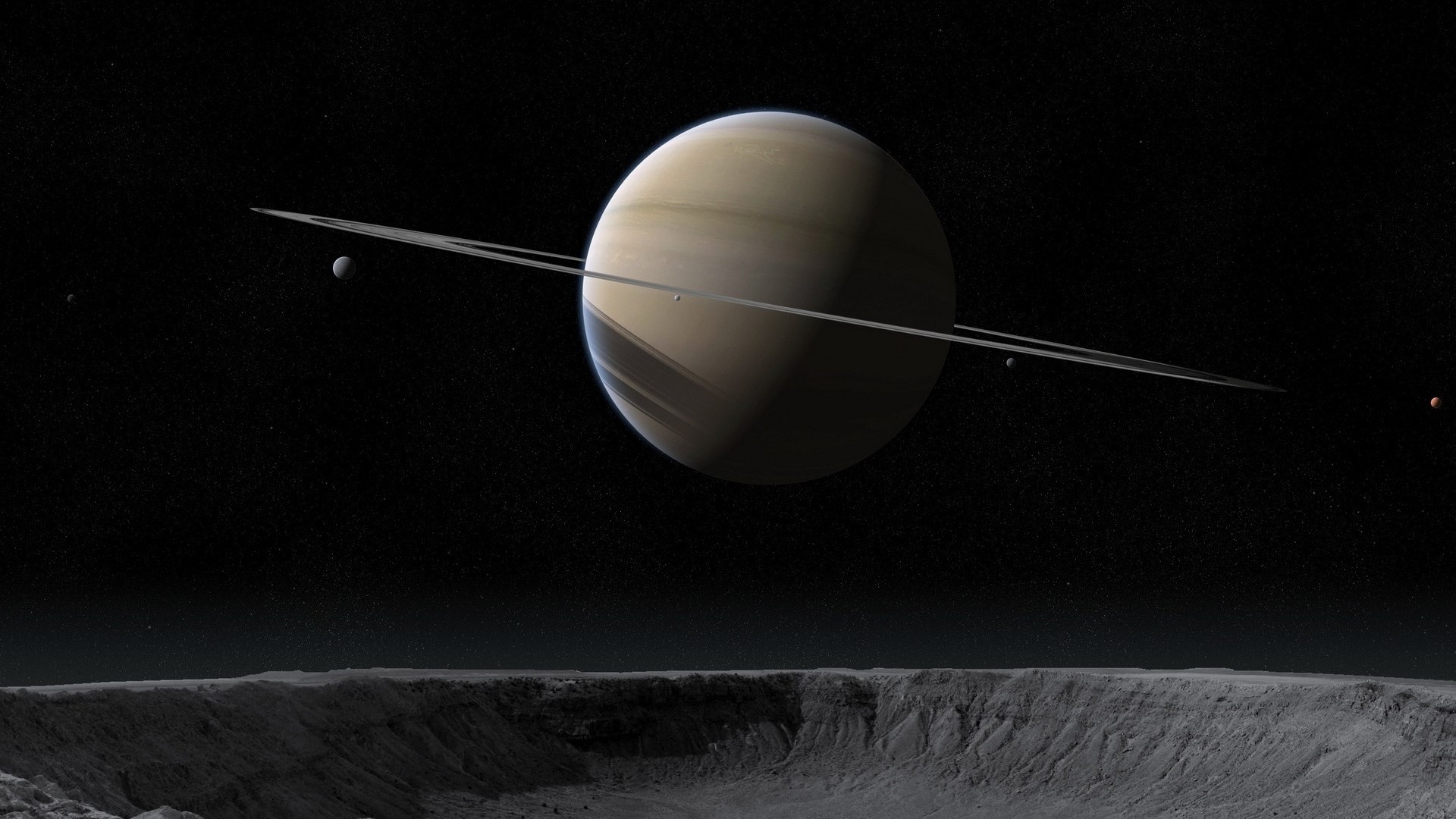Saturn and its moons from a cratered surface HD Wallpaper
