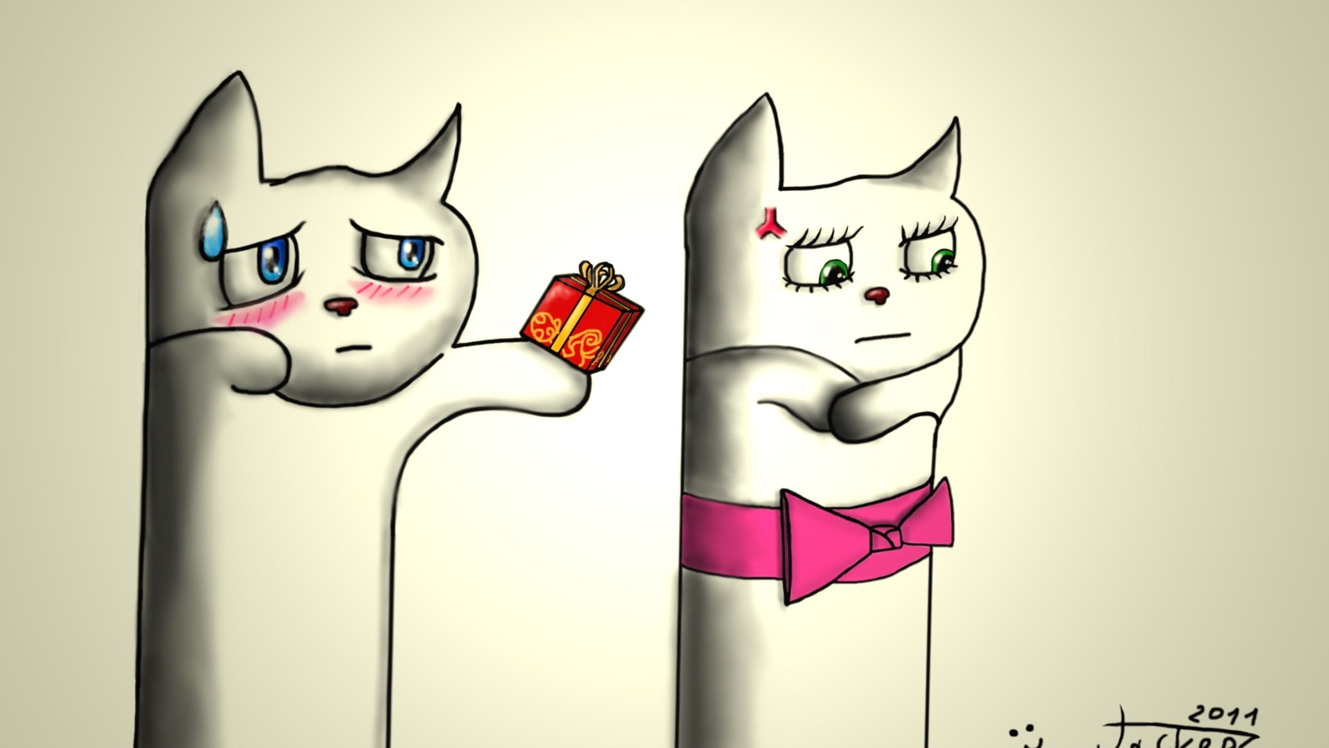 Two cats, one giving a gift to the other HD Wallpaper