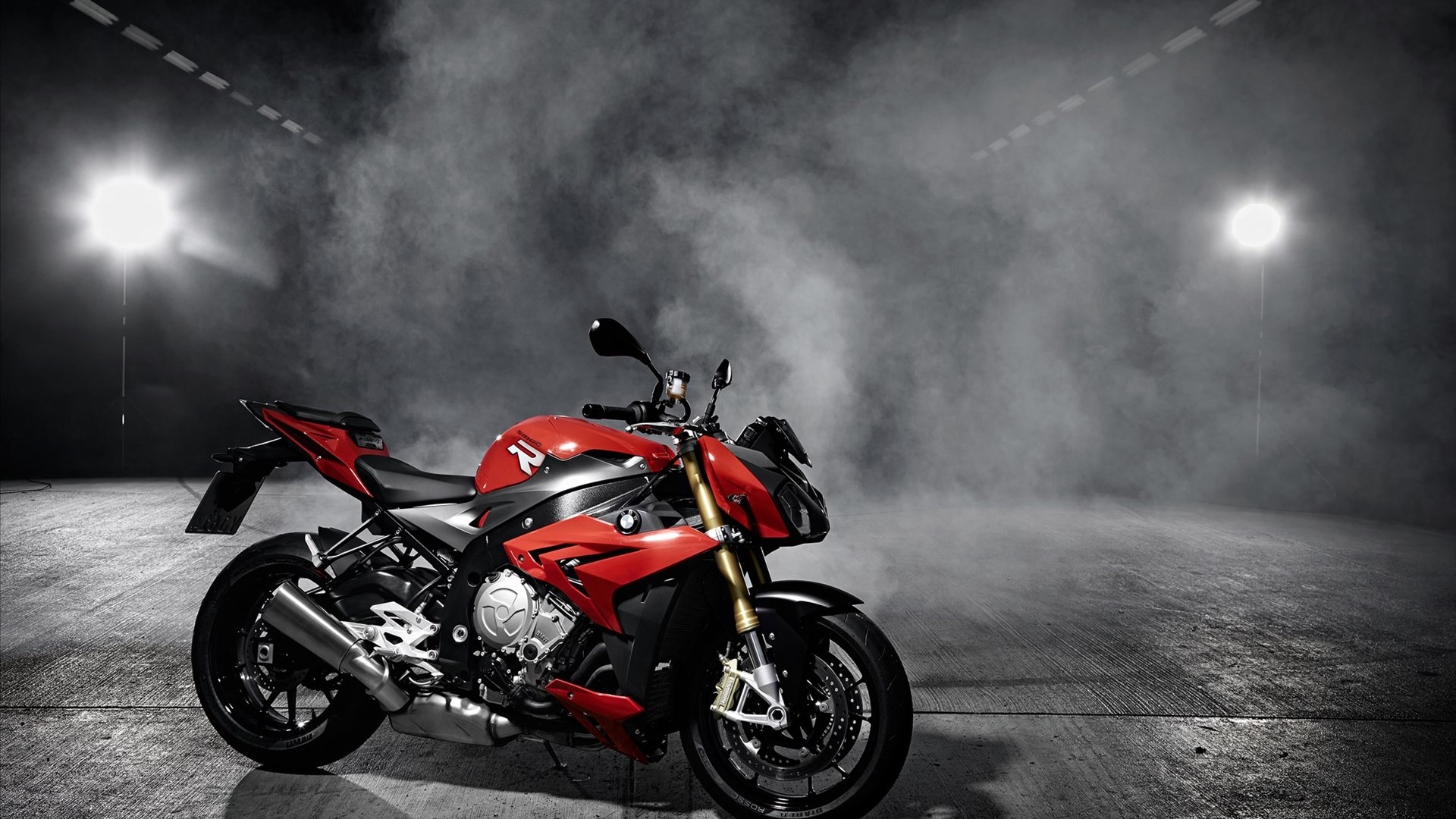 Red BMW S1000R motorcycle in smoke HD Wallpaper