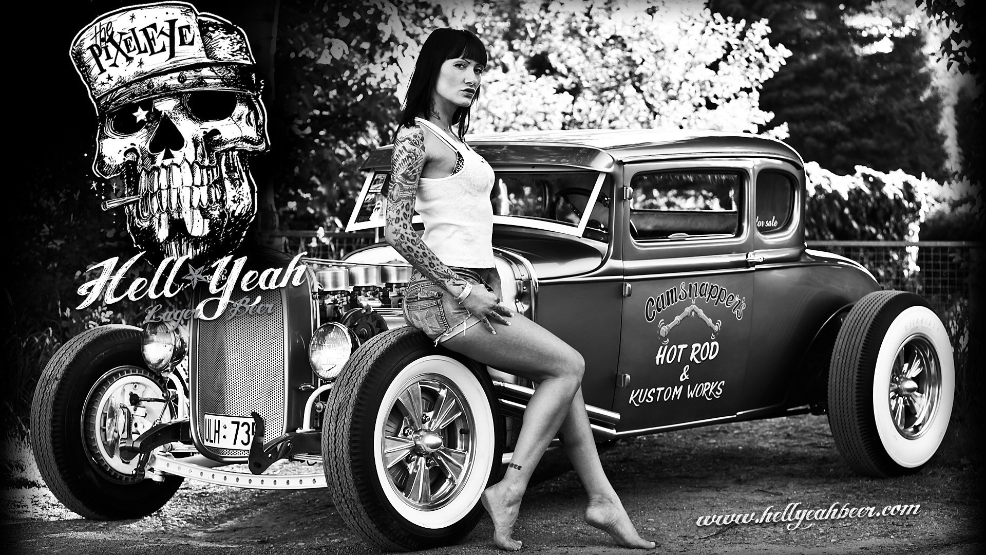 Hell Yeah Beer Lager with Skull and Hot Rod HD Wallpaper