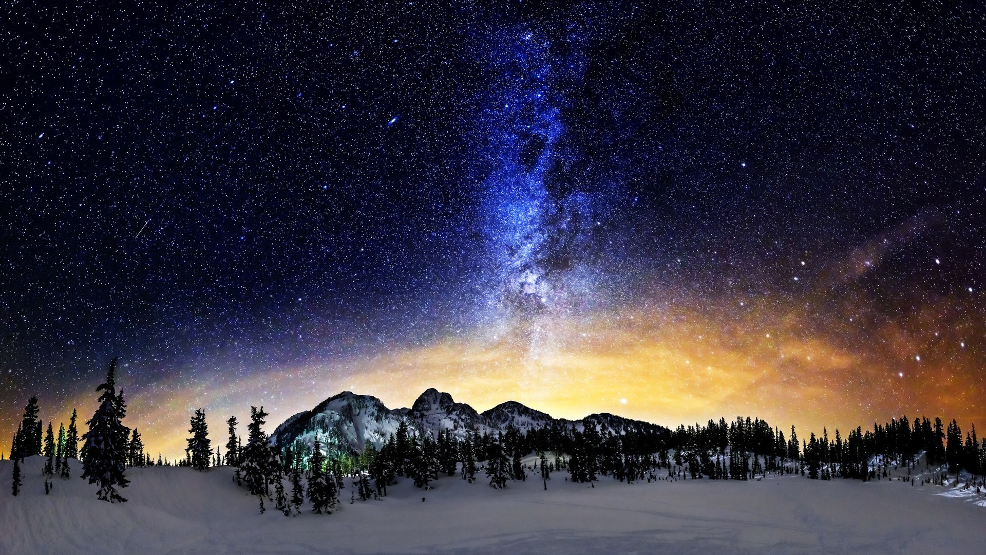 Milky Way Over Snowy Mountains and Forest HD Wallpaper