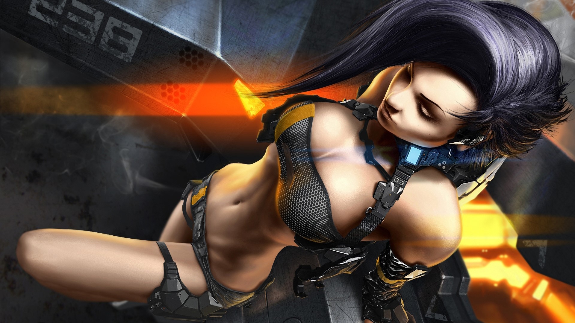 Cyborg woman with dark hair HD Wallpaper