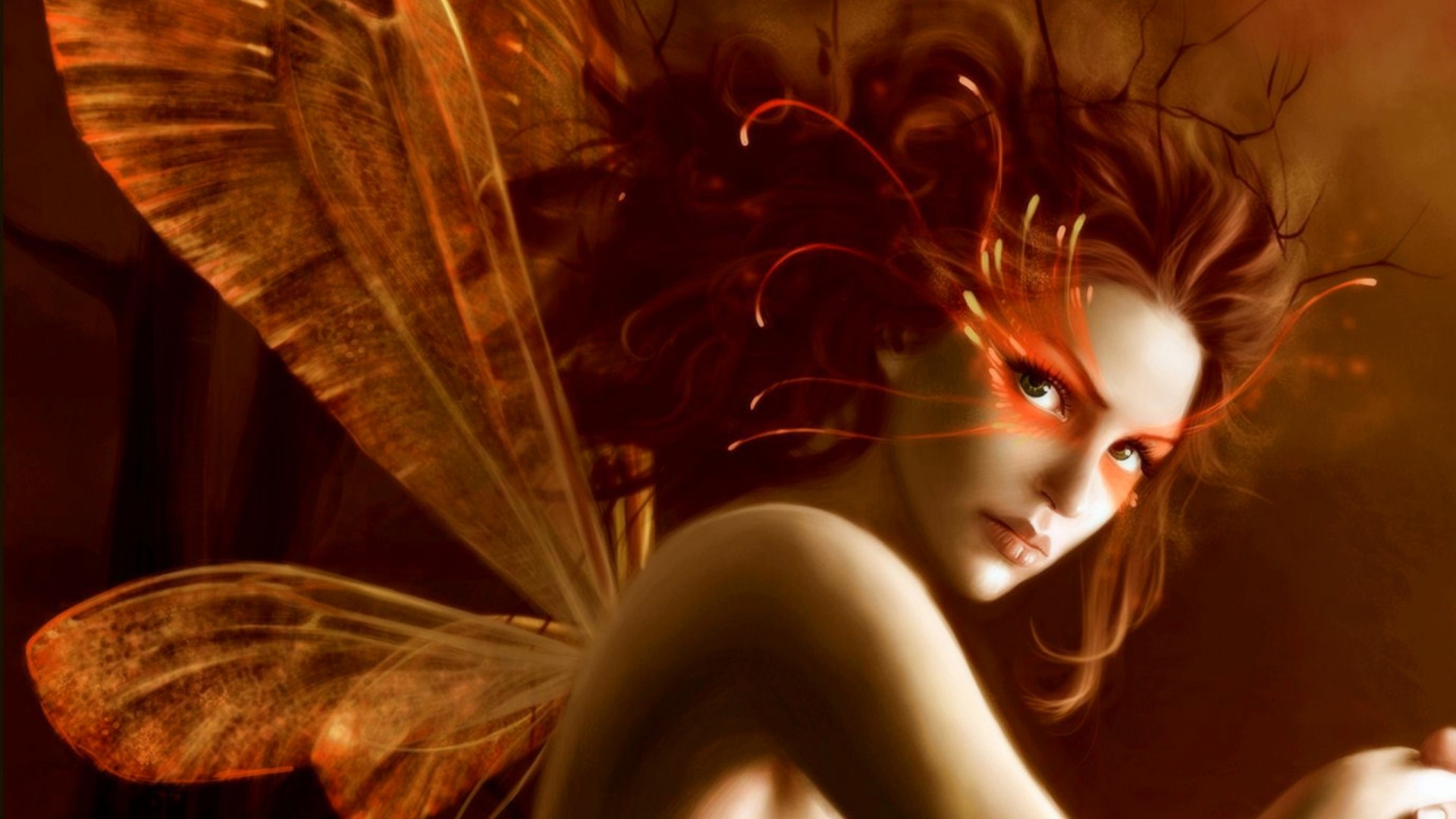 Fairy with orange wings and fiery makeup HD Wallpaper