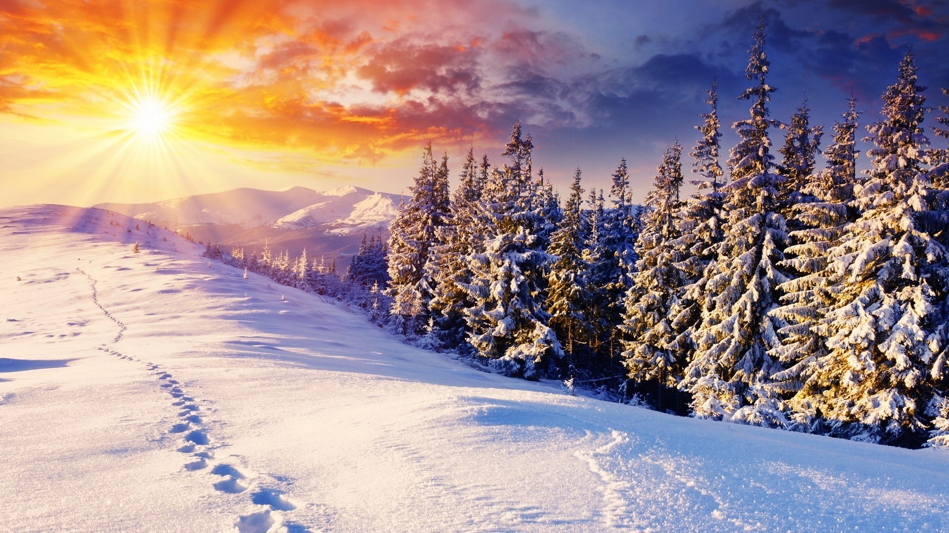 Footprints in the snow on a mountain slope HD Wallpaper