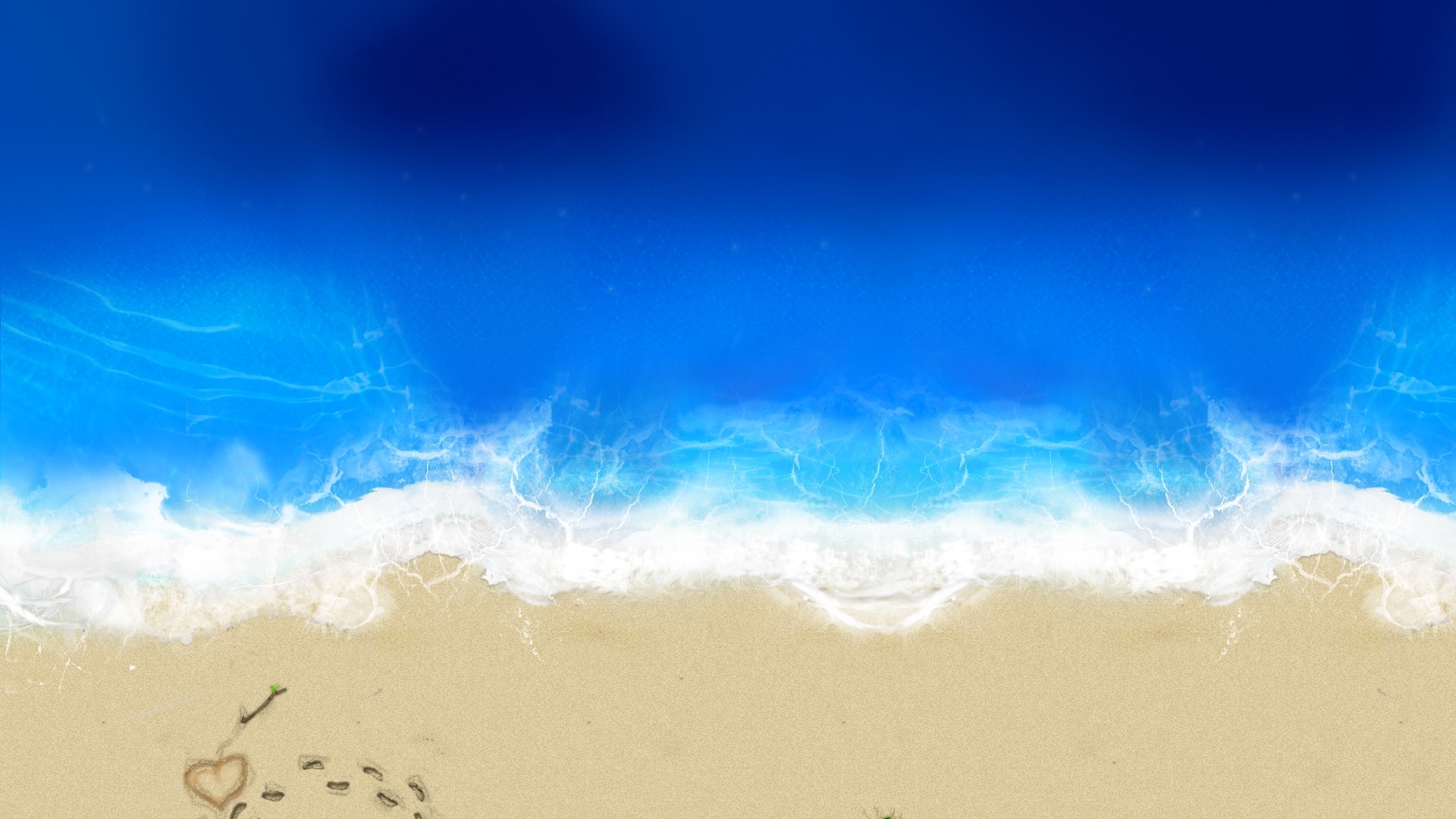 Heart drawn in sand with footprints and ocean waves HD Wallpaper