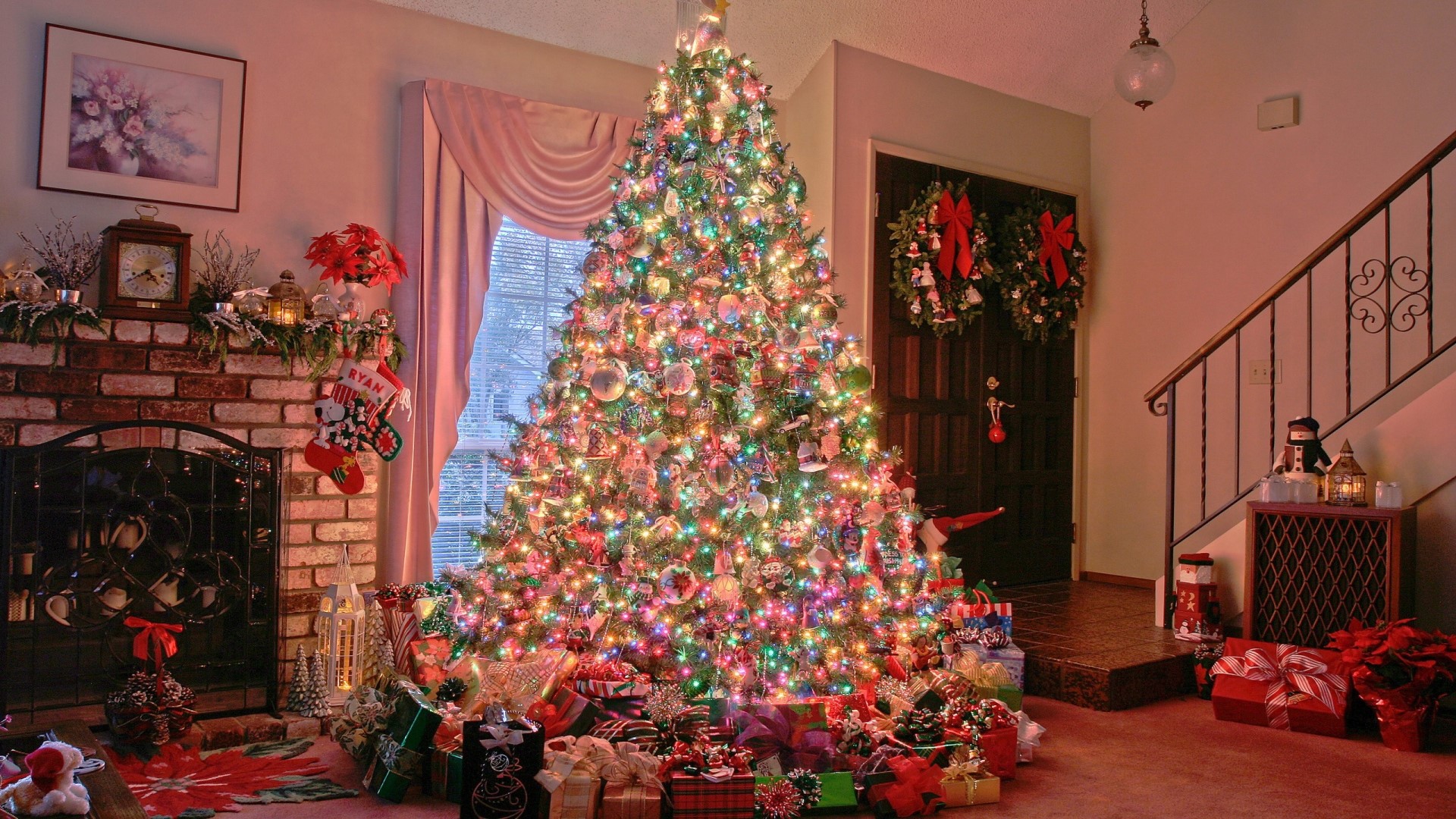 Christmas Tree with Presents and Fireplace HD Wallpaper