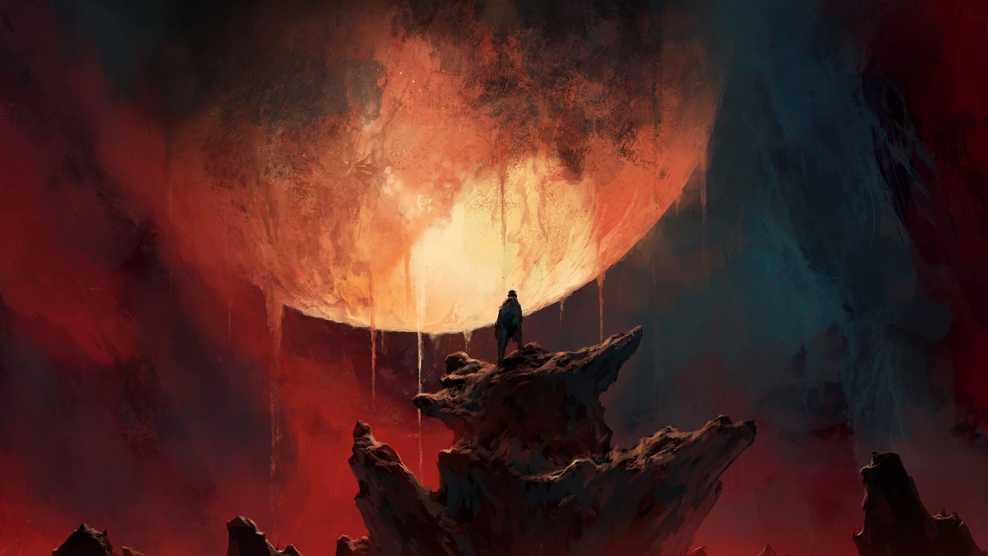 Figure on a rock under a melting red moon HD Wallpaper