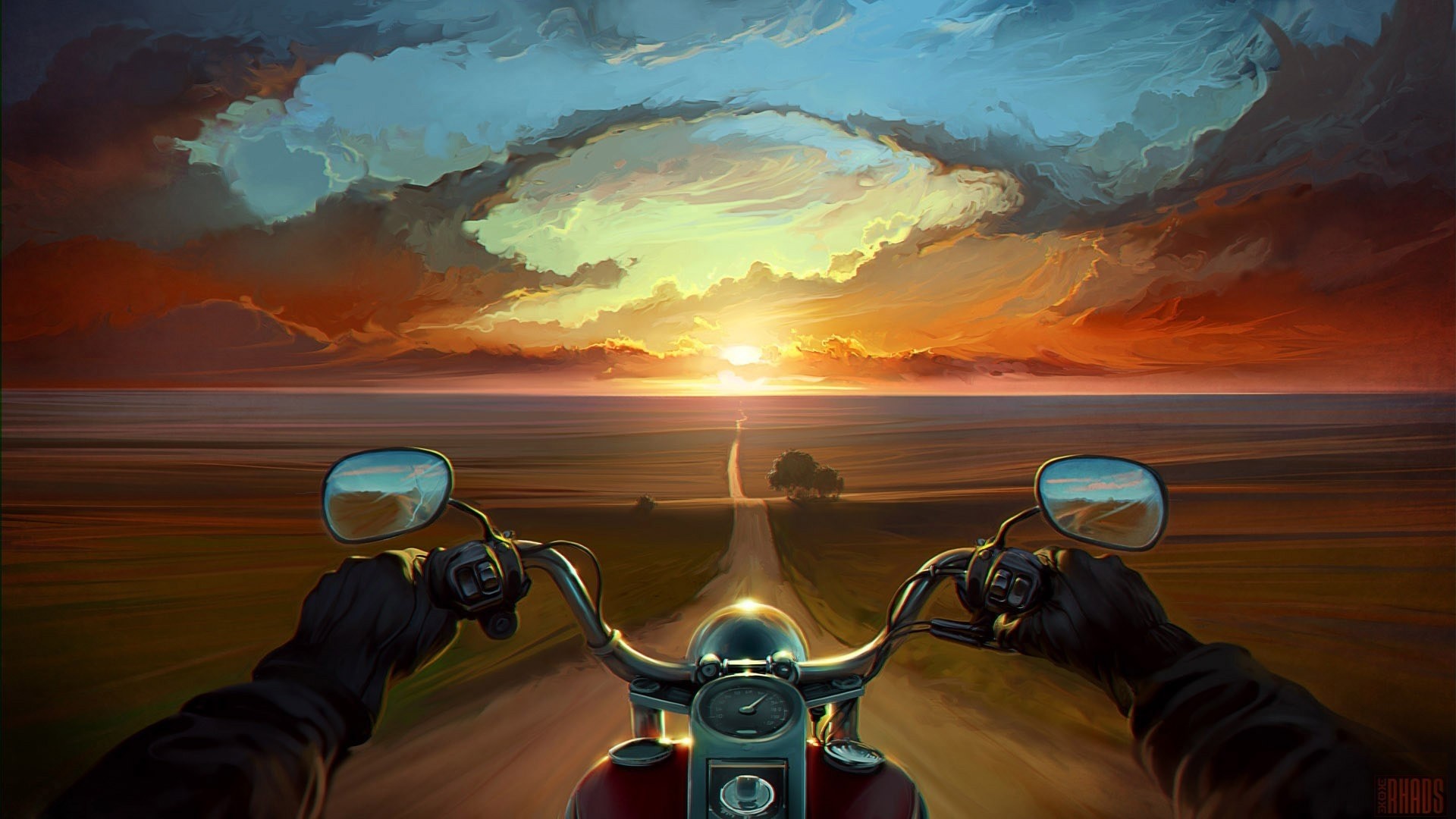 Motorcycle ride towards sunset on a country road HD Wallpaper