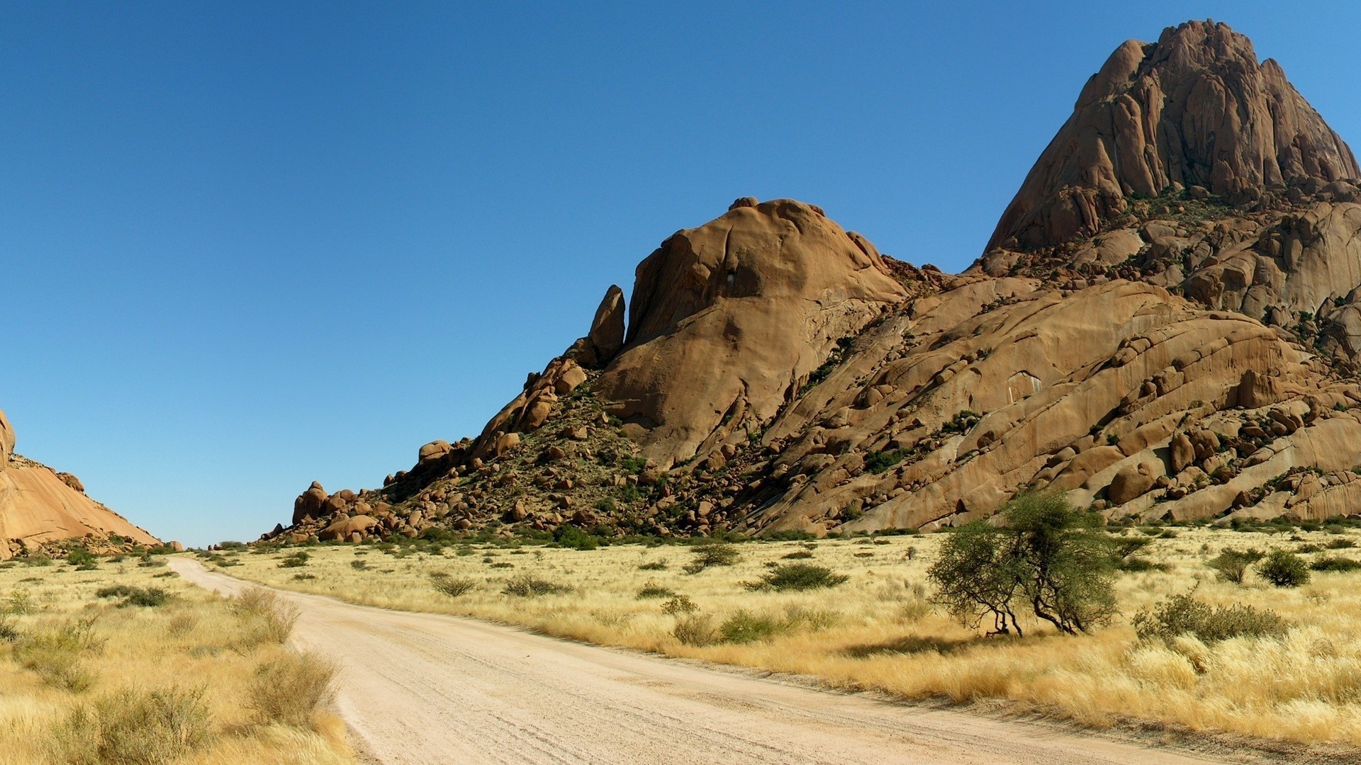 Desert road with rocky mountains and sparse vegetation HD Wallpaper