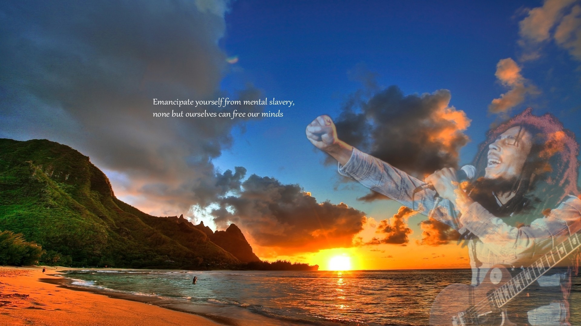 Bob Marley performing on a beach at sunset HD Wallpaper