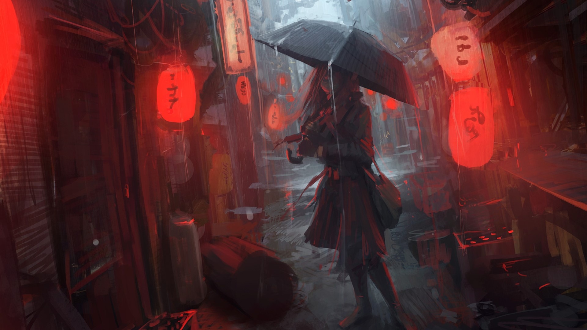 Girl with umbrella in rainy Japan with red lanterns HD Wallpaper