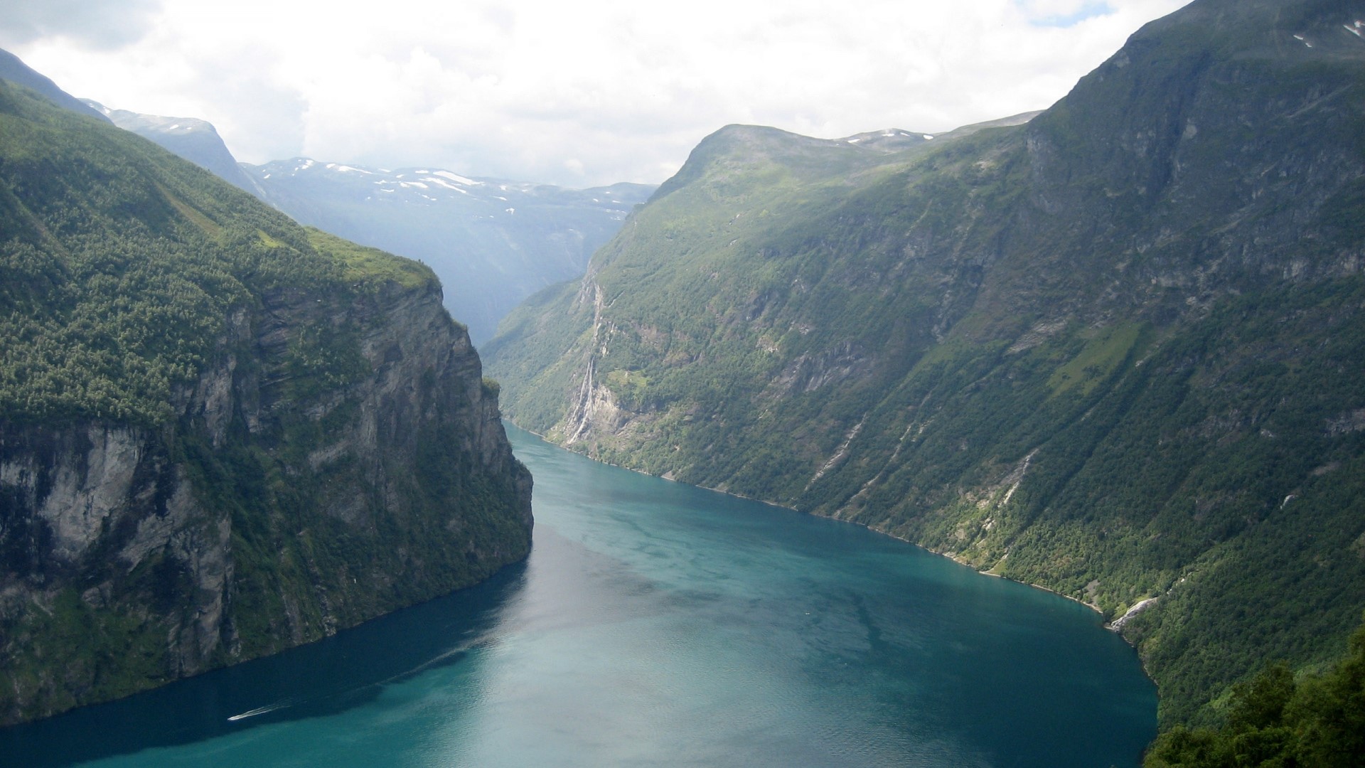 Geirangerfjord Norway with waterfalls and boat HD Wallpaper