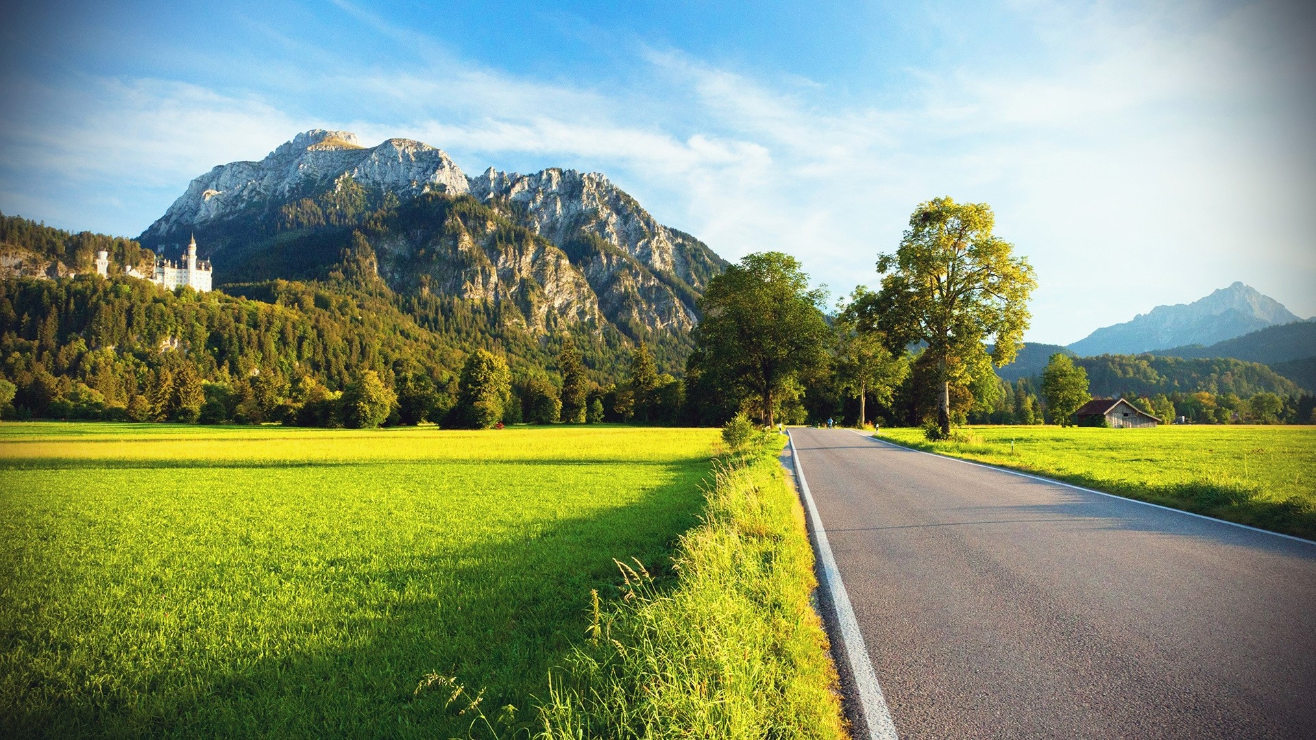 European Drive with Castle and Mountains HD Wallpaper