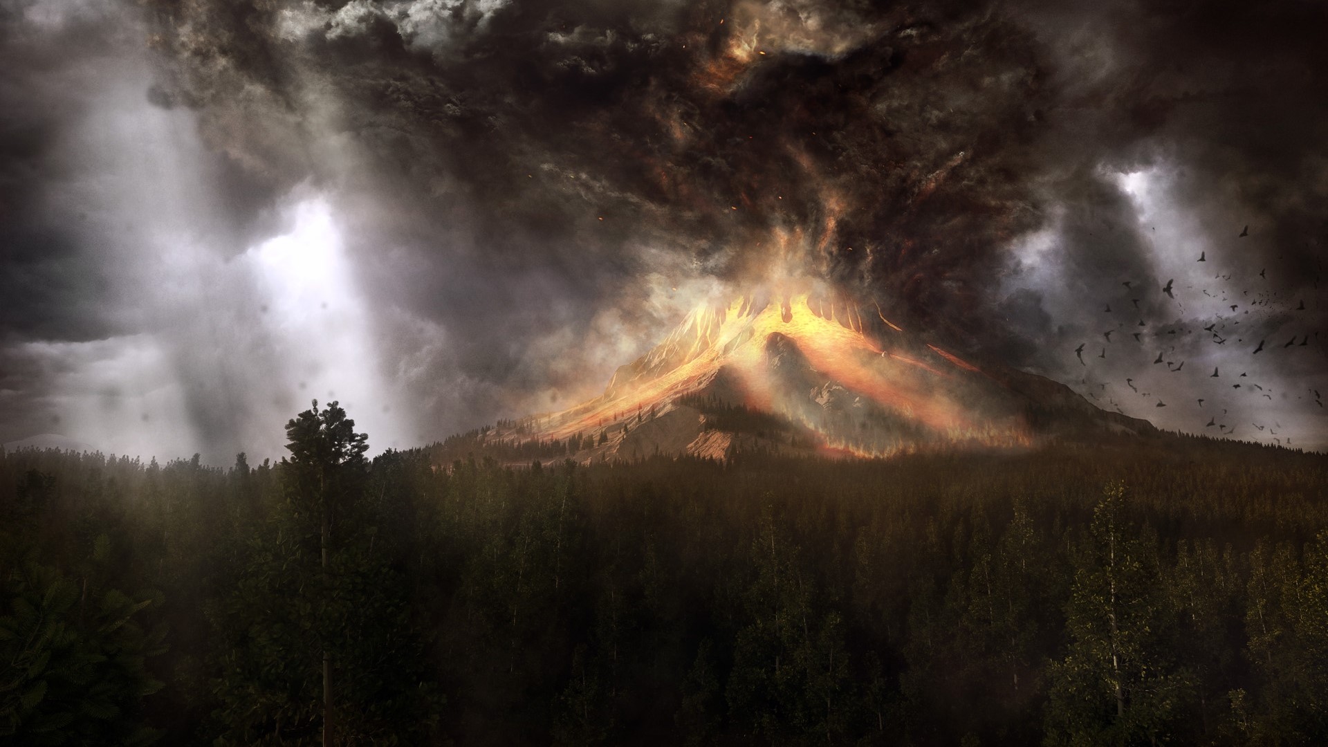 Volcano erupting over a forest HD Wallpaper